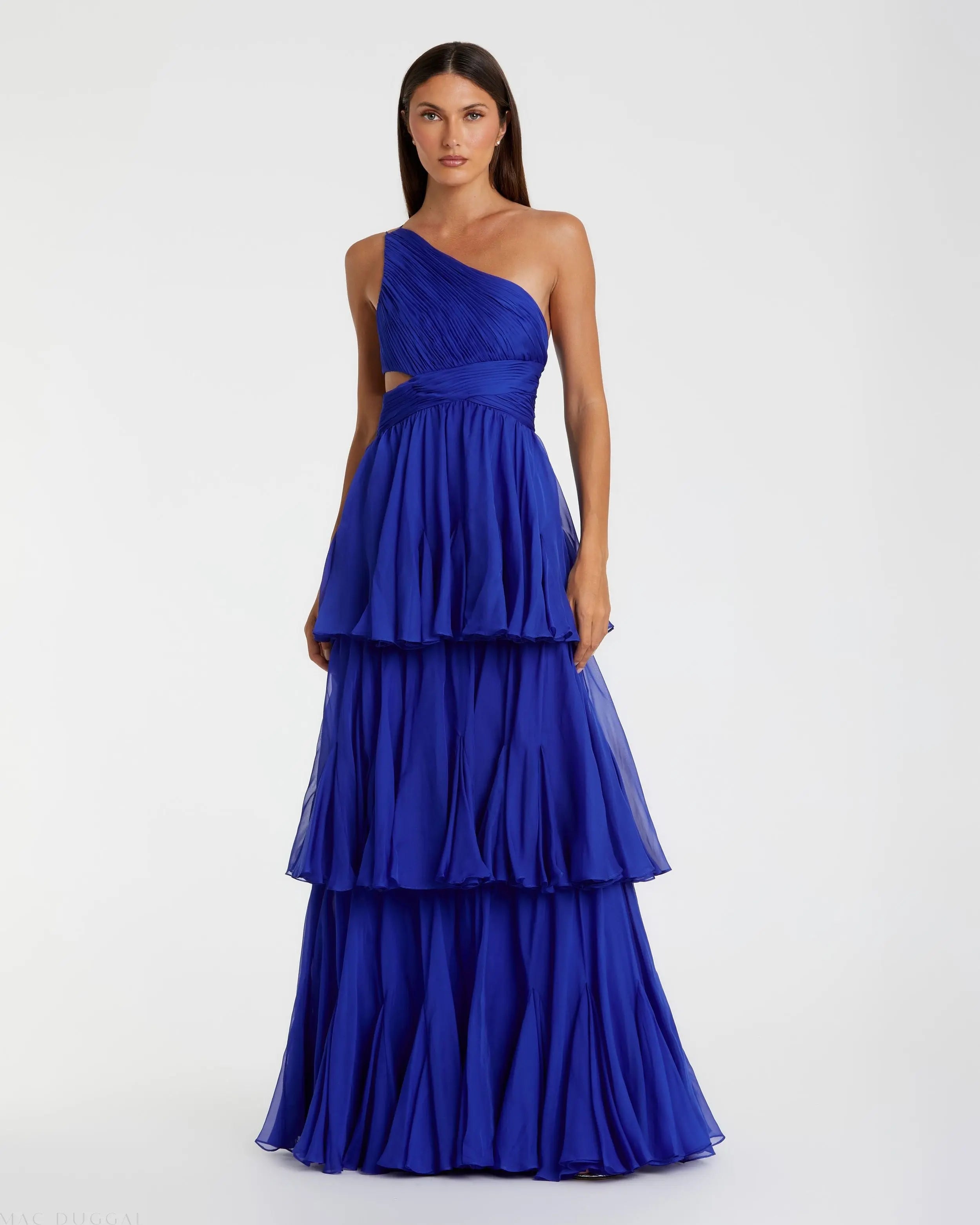 Blue One Shoulder Open Back Chiffon A-Line Gown-Myartka