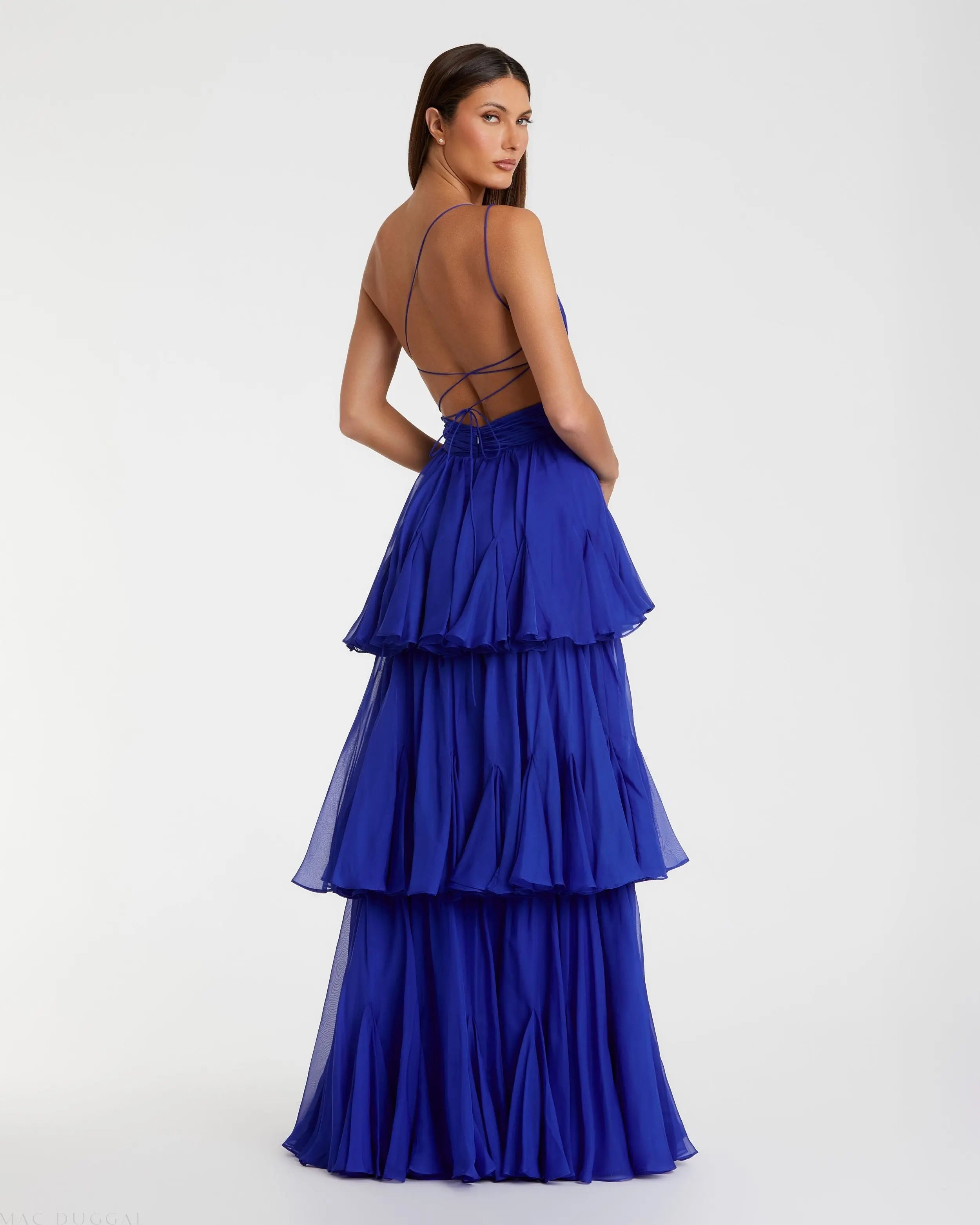 Blue One Shoulder Open Back Chiffon A-Line Gown-Myartka