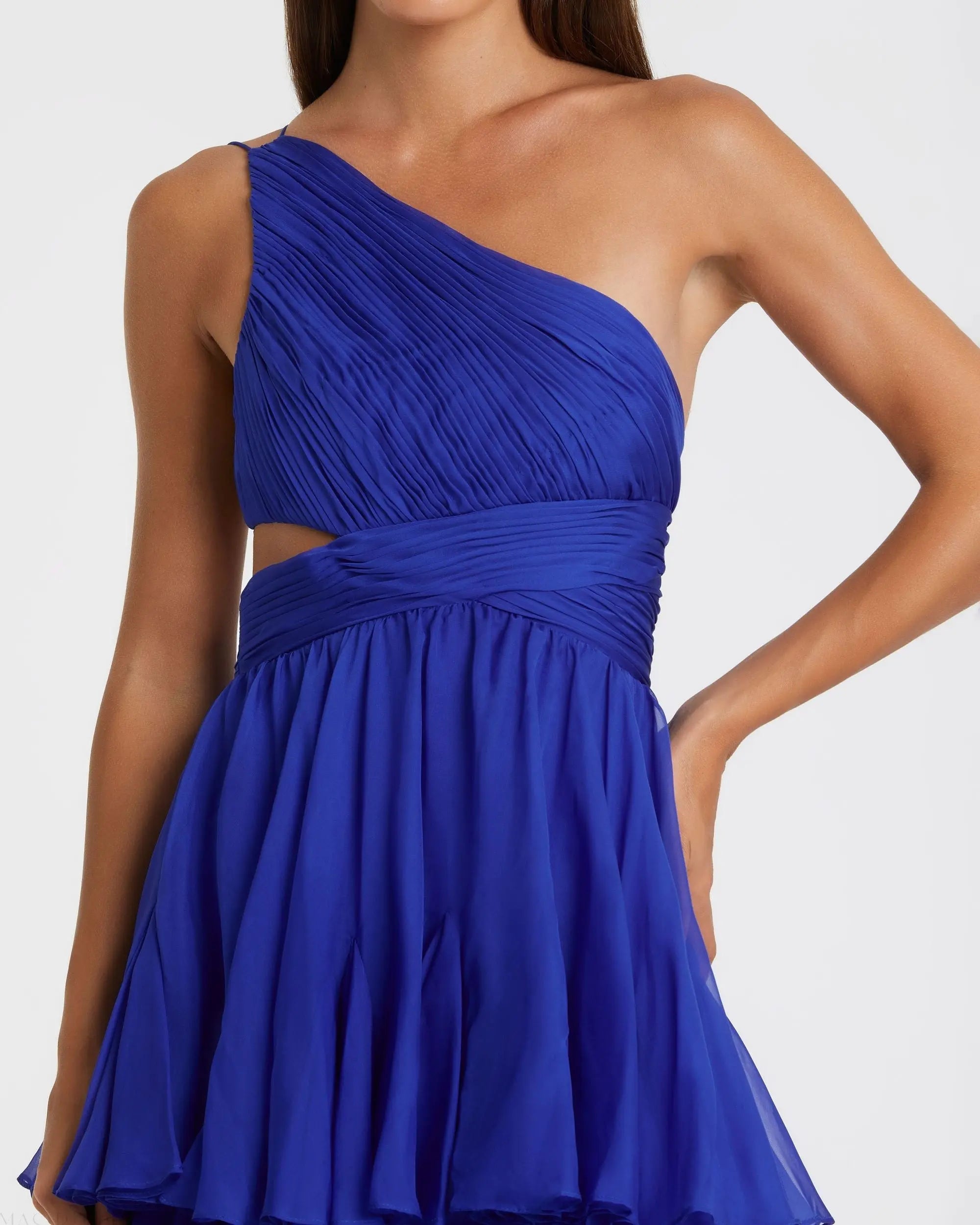 Blue One Shoulder Open Back Chiffon A-Line Gown-Myartka
