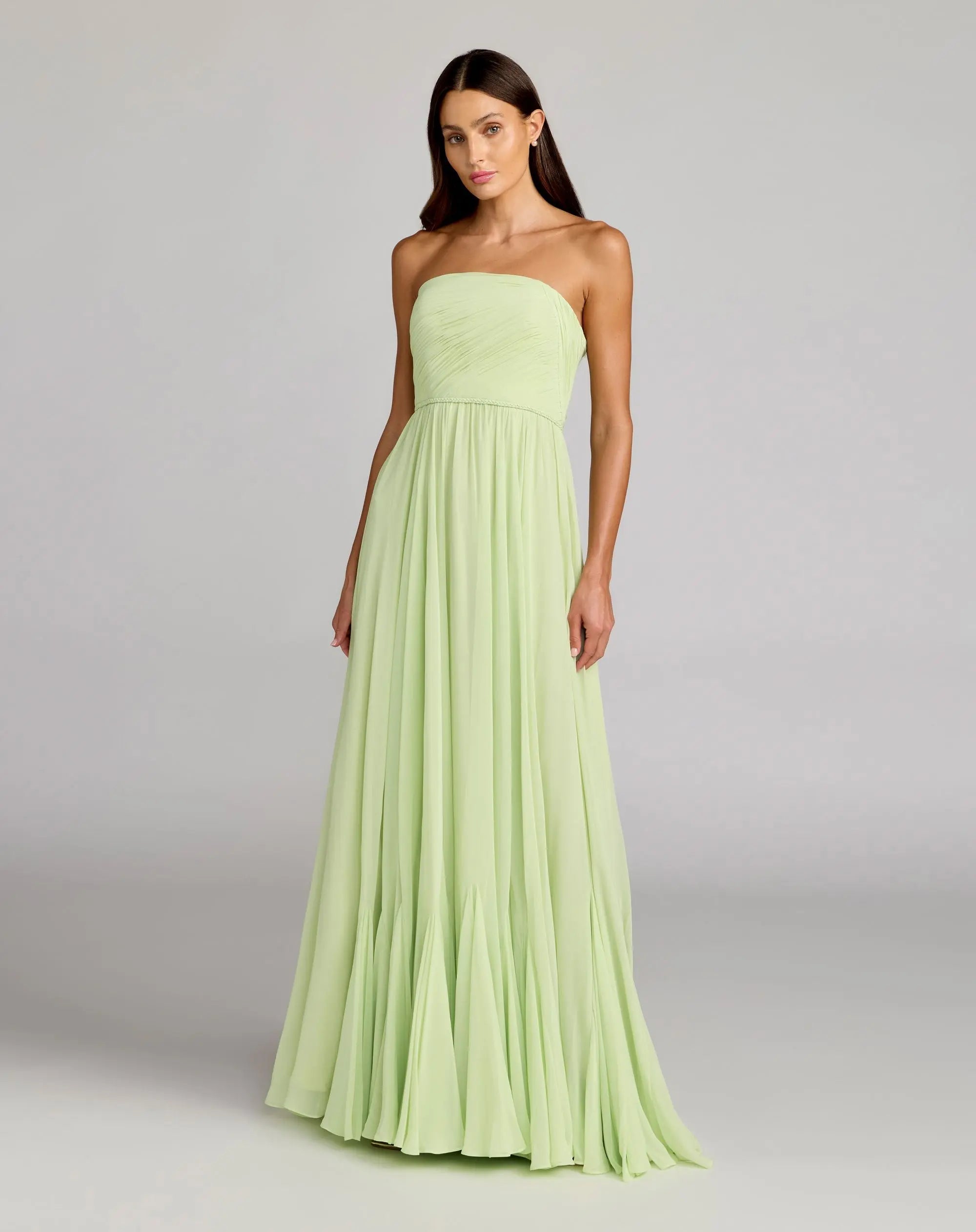 Green Strapless Chiffon Gown With Braided Belt-Myartka