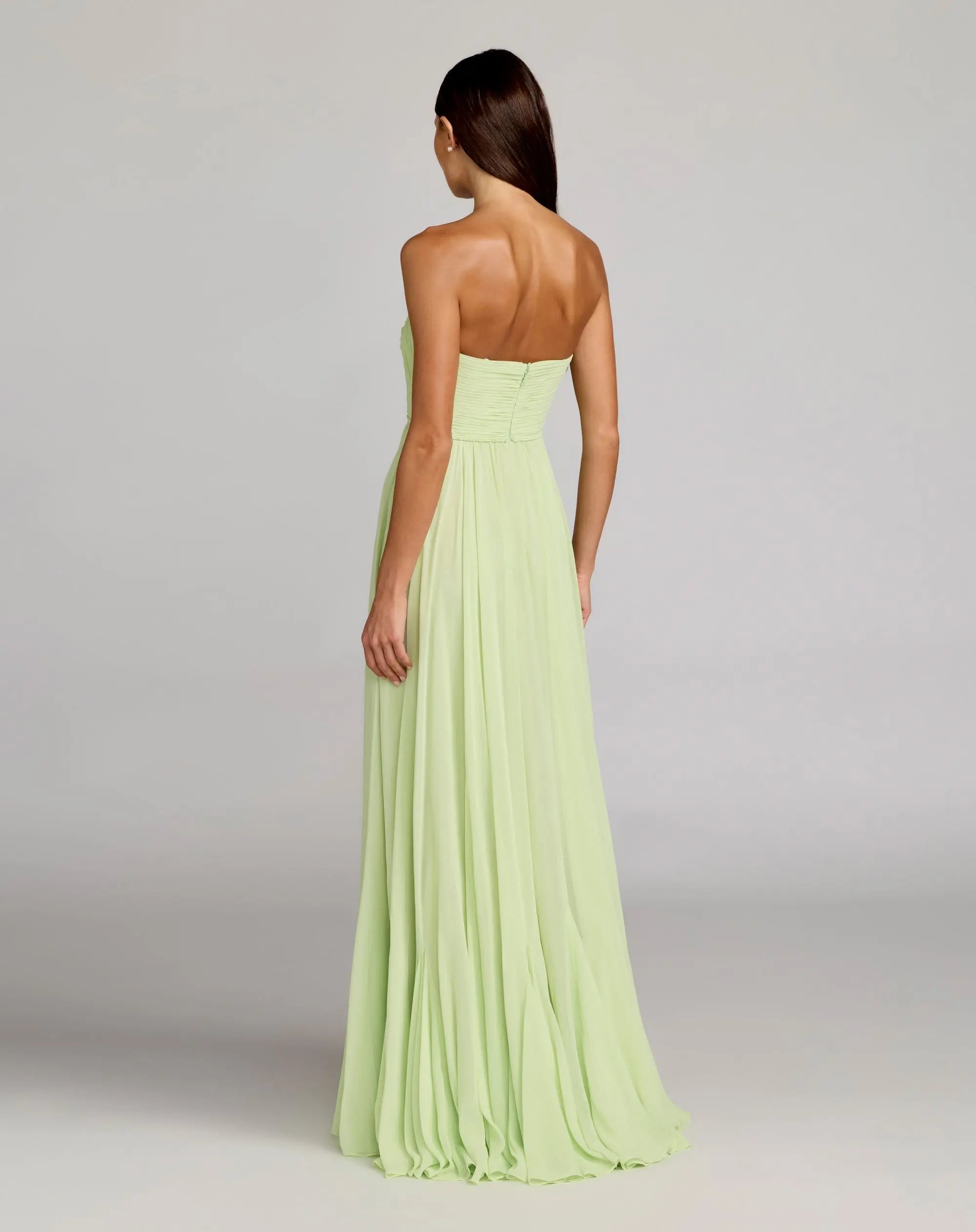 Green Strapless Chiffon Gown With Braided Belt-Myartka