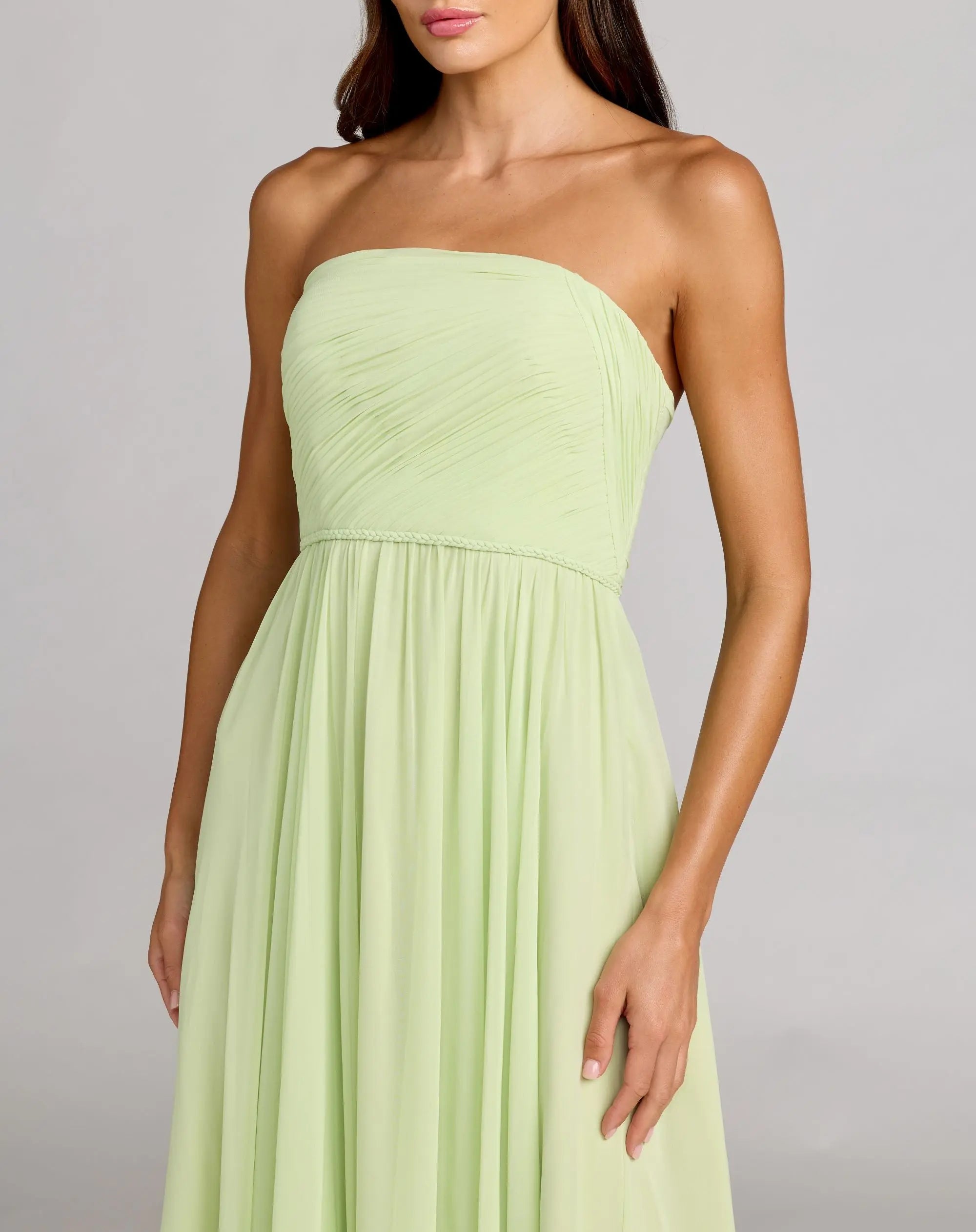 Green Strapless Chiffon Gown With Braided Belt-Myartka