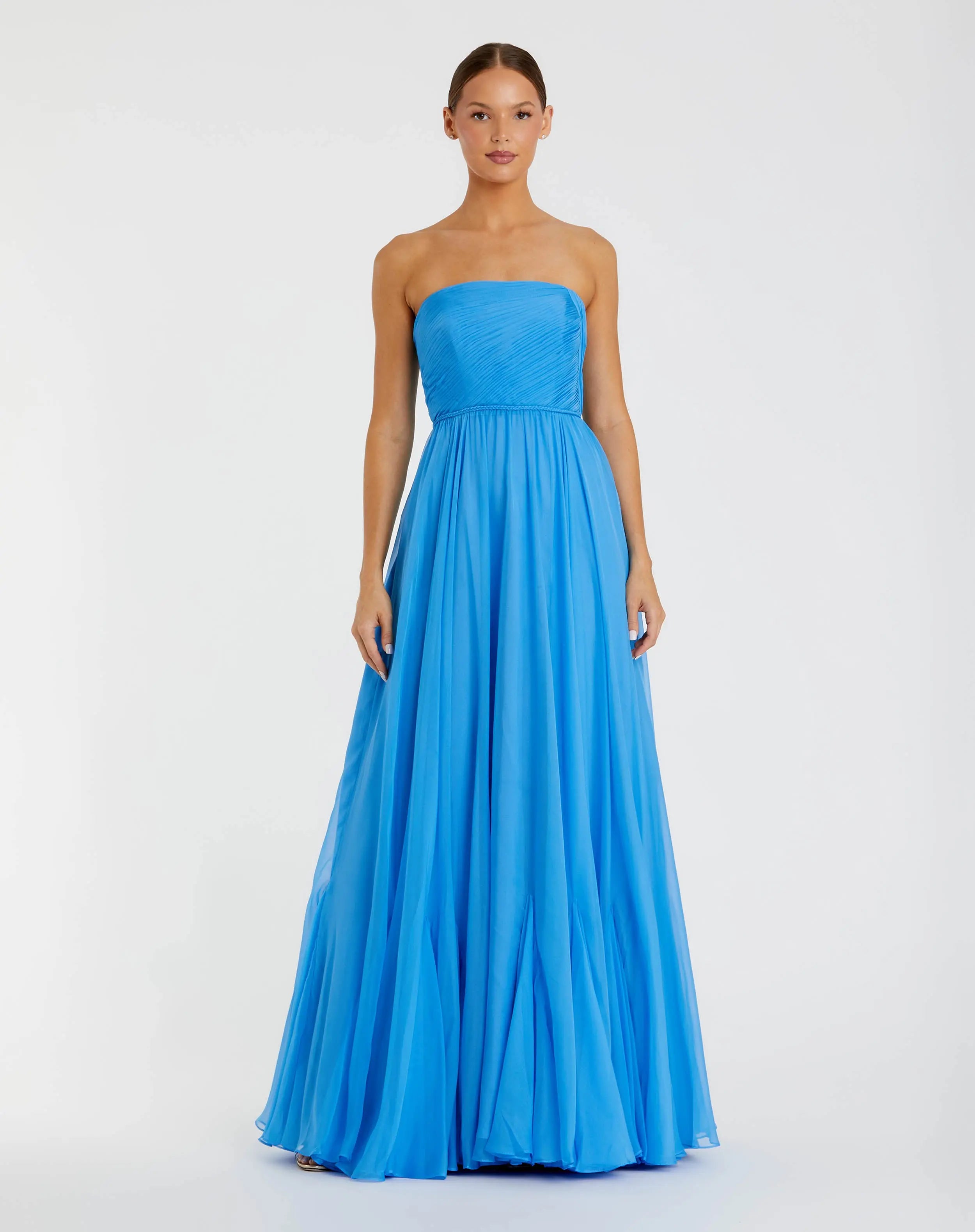 Blue Strapless Chiffon Gown With Braided Belt-Myartka