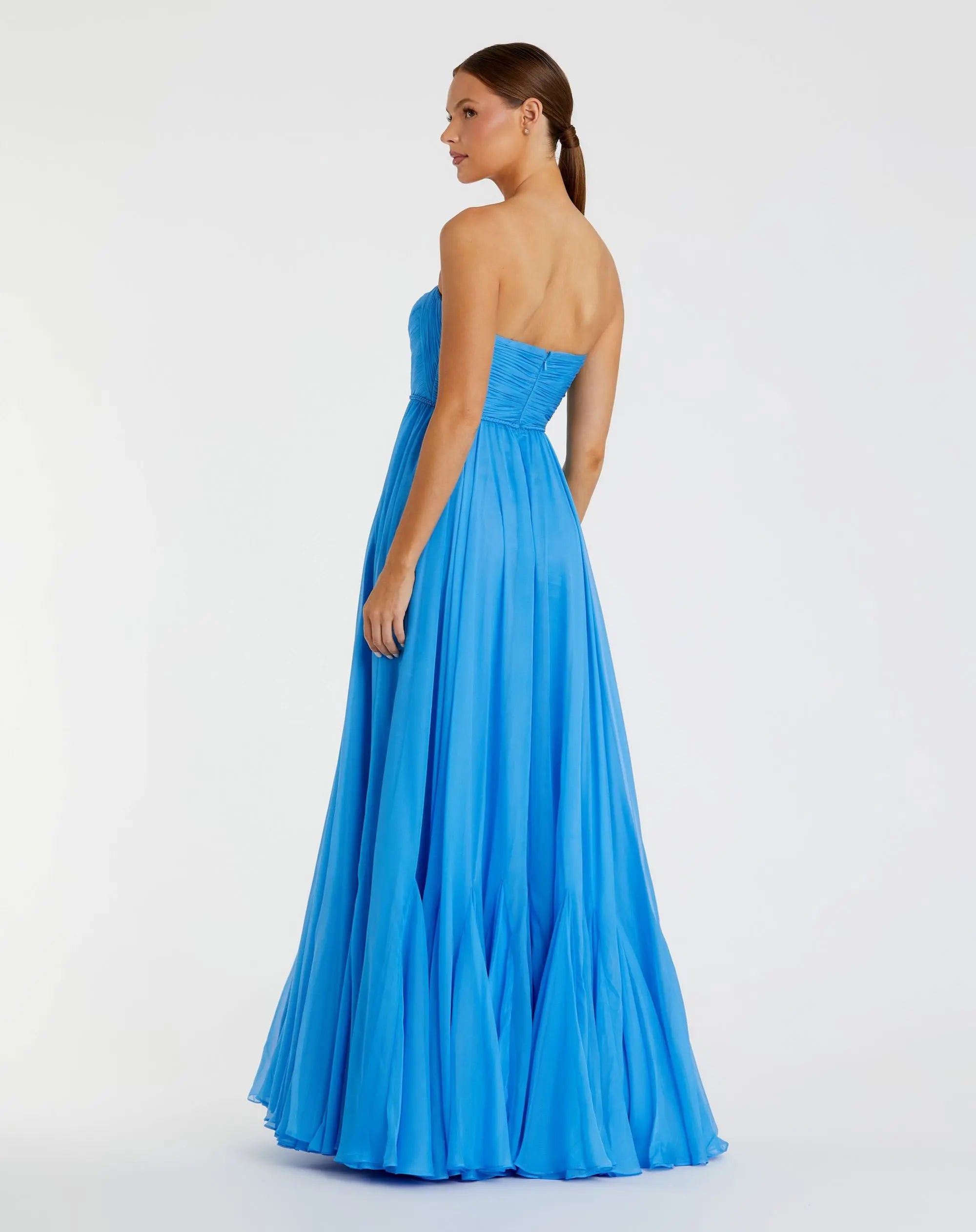 Blue Strapless Chiffon Gown With Braided Belt-Myartka