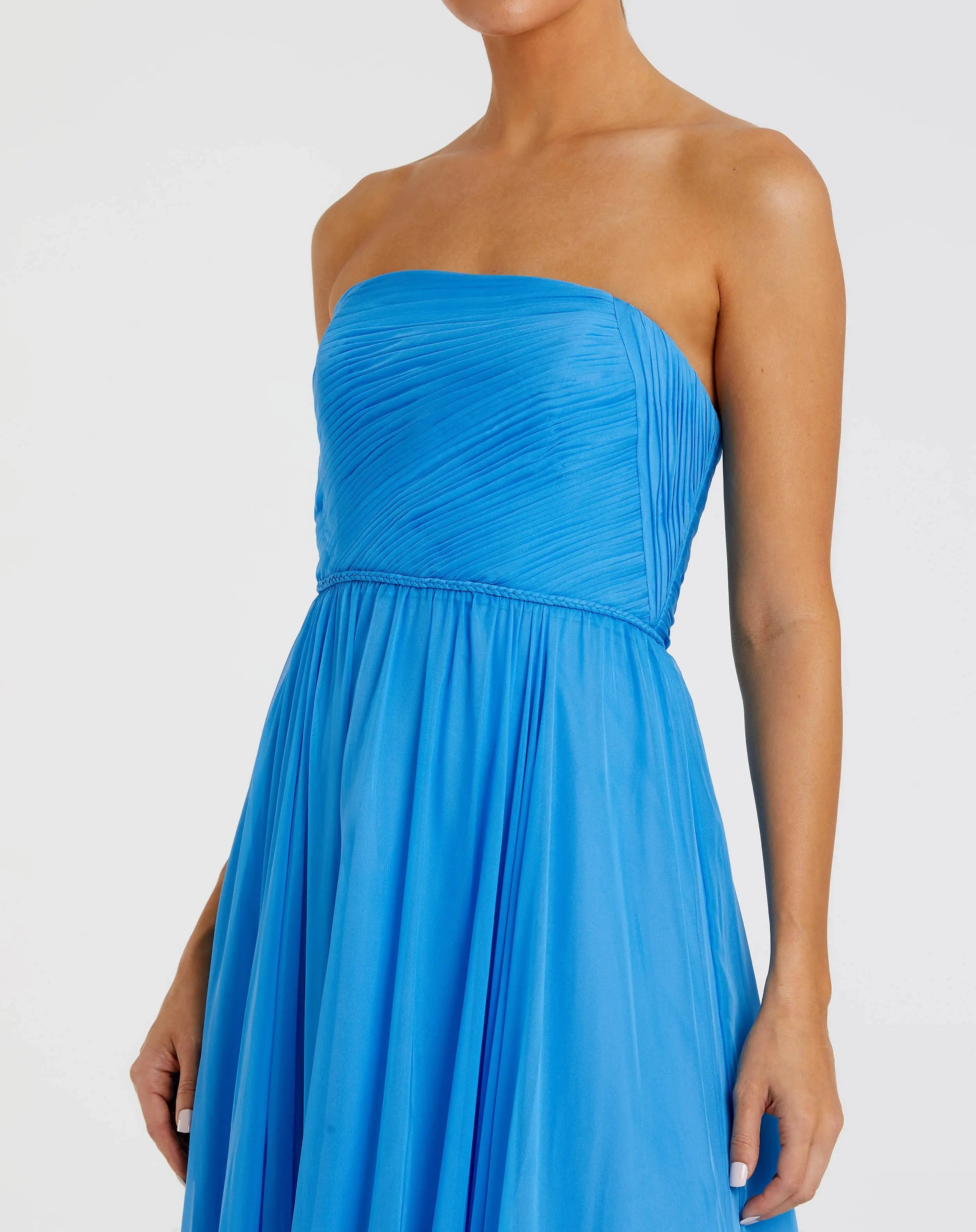 Blue Strapless Chiffon Gown With Braided Belt-Myartka