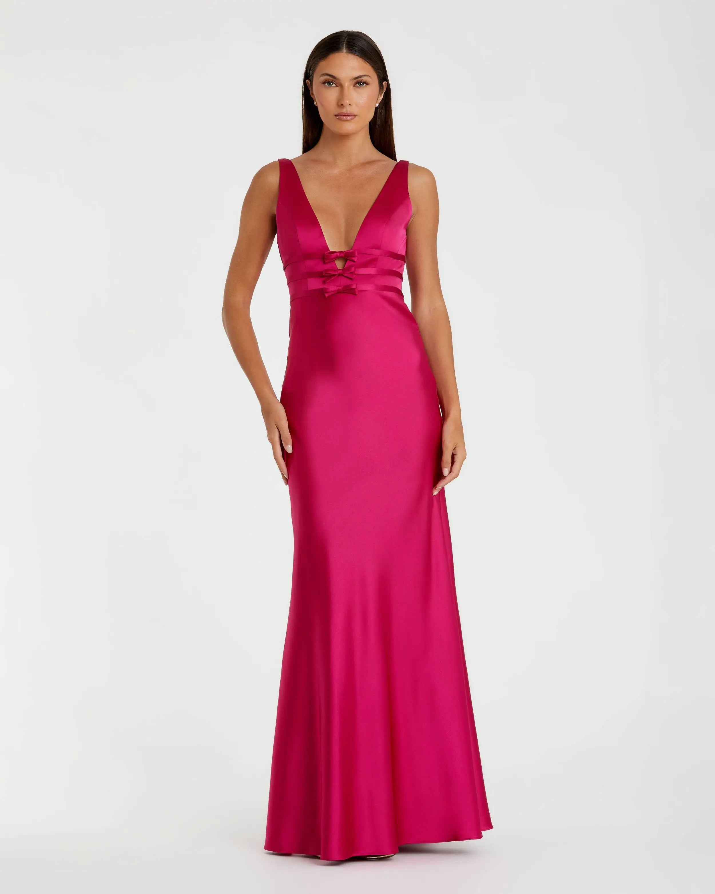 Hot Pink Sleeveless V Neck Satin Gown With Bow Details-Myartka