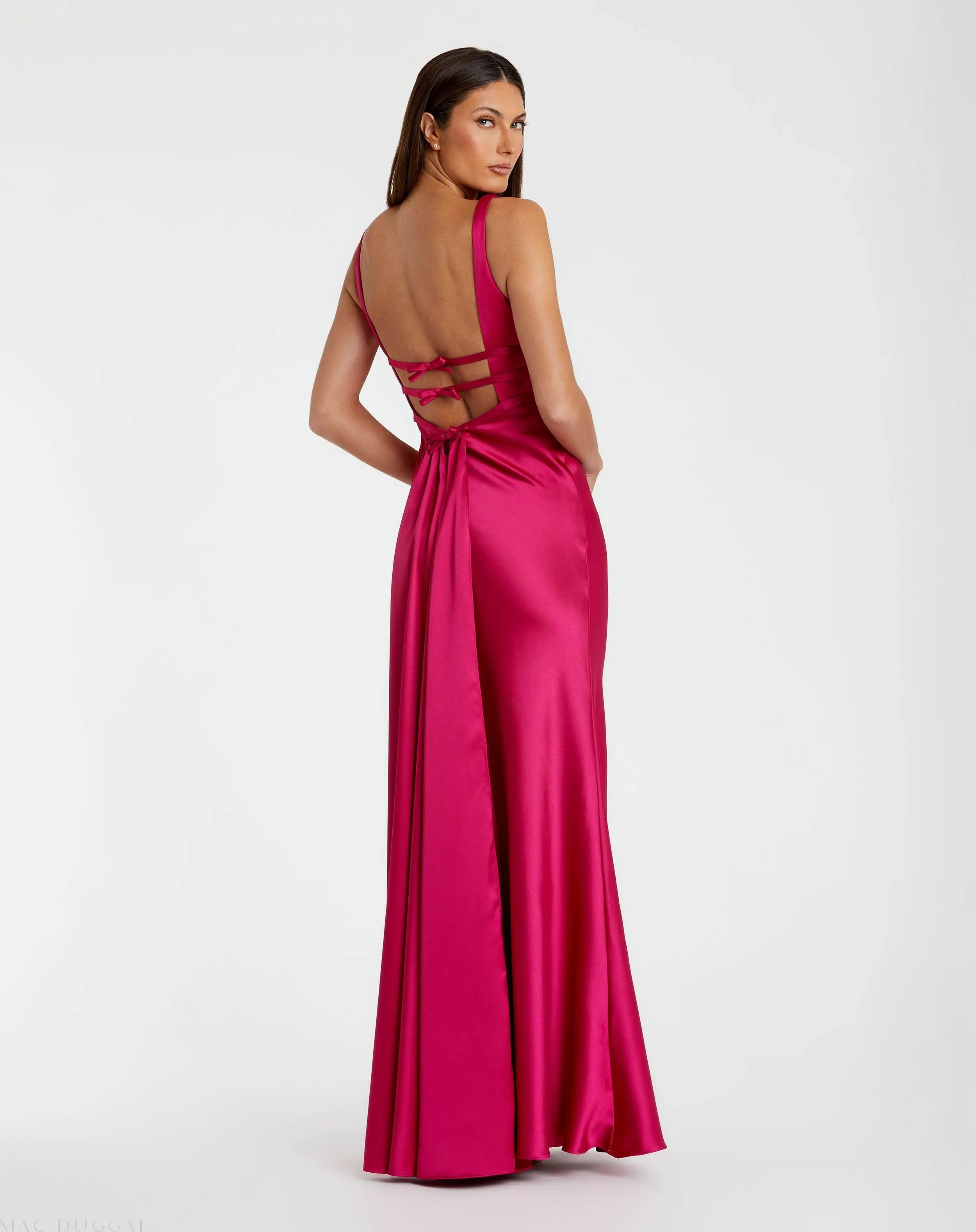 Hot Pink Sleeveless V Neck Satin Gown With Bow Details-Myartka