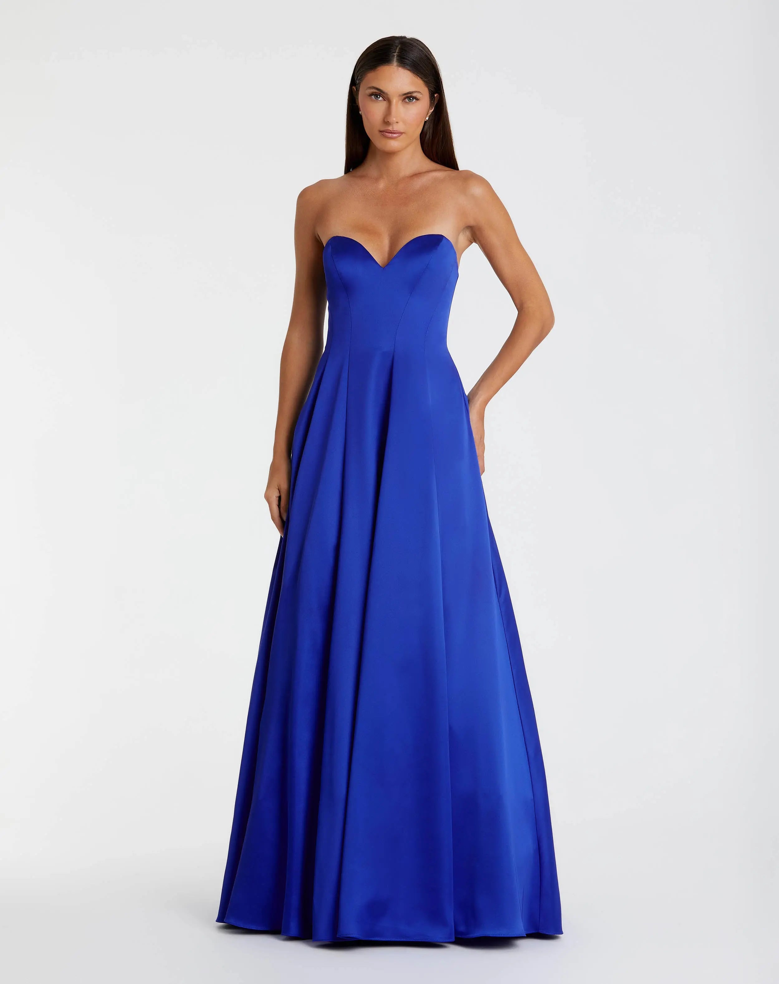 Blue Satin Strapless Ballgown With Bow Details-Myartka