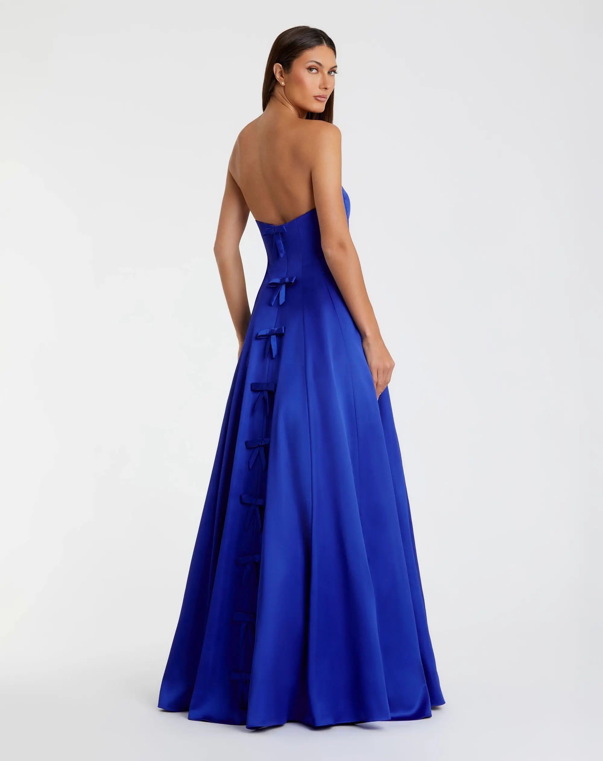 Blue Satin Strapless Ballgown With Bow Details-Myartka