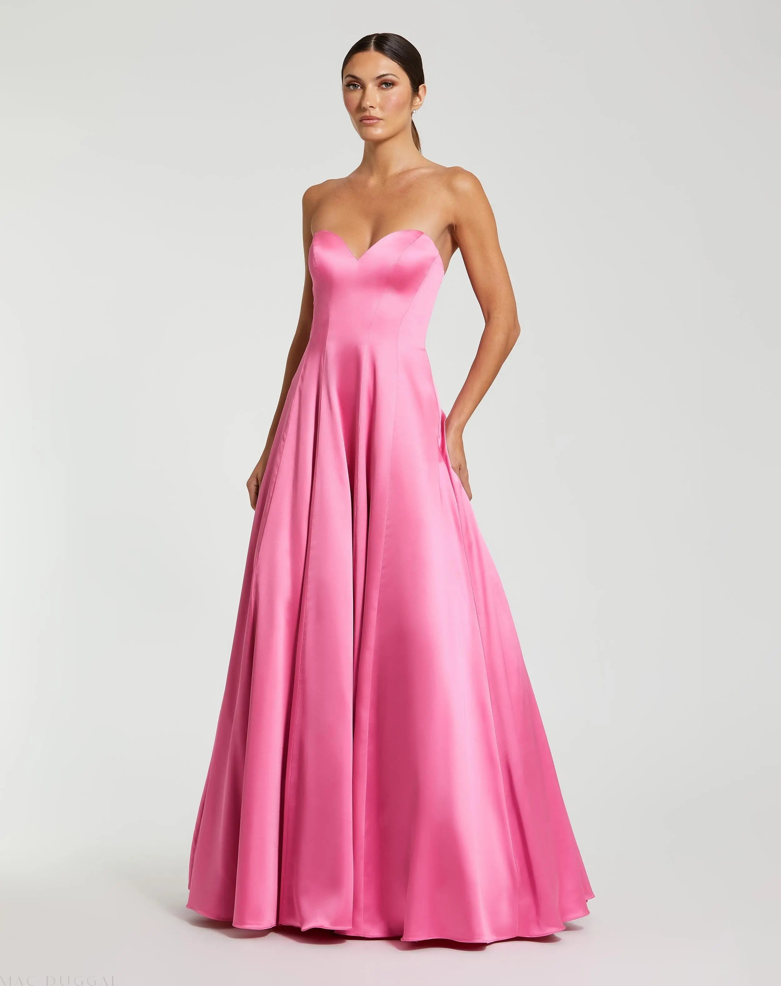 Pink Strapless Satin Ballgown With Bow Details-Myartka