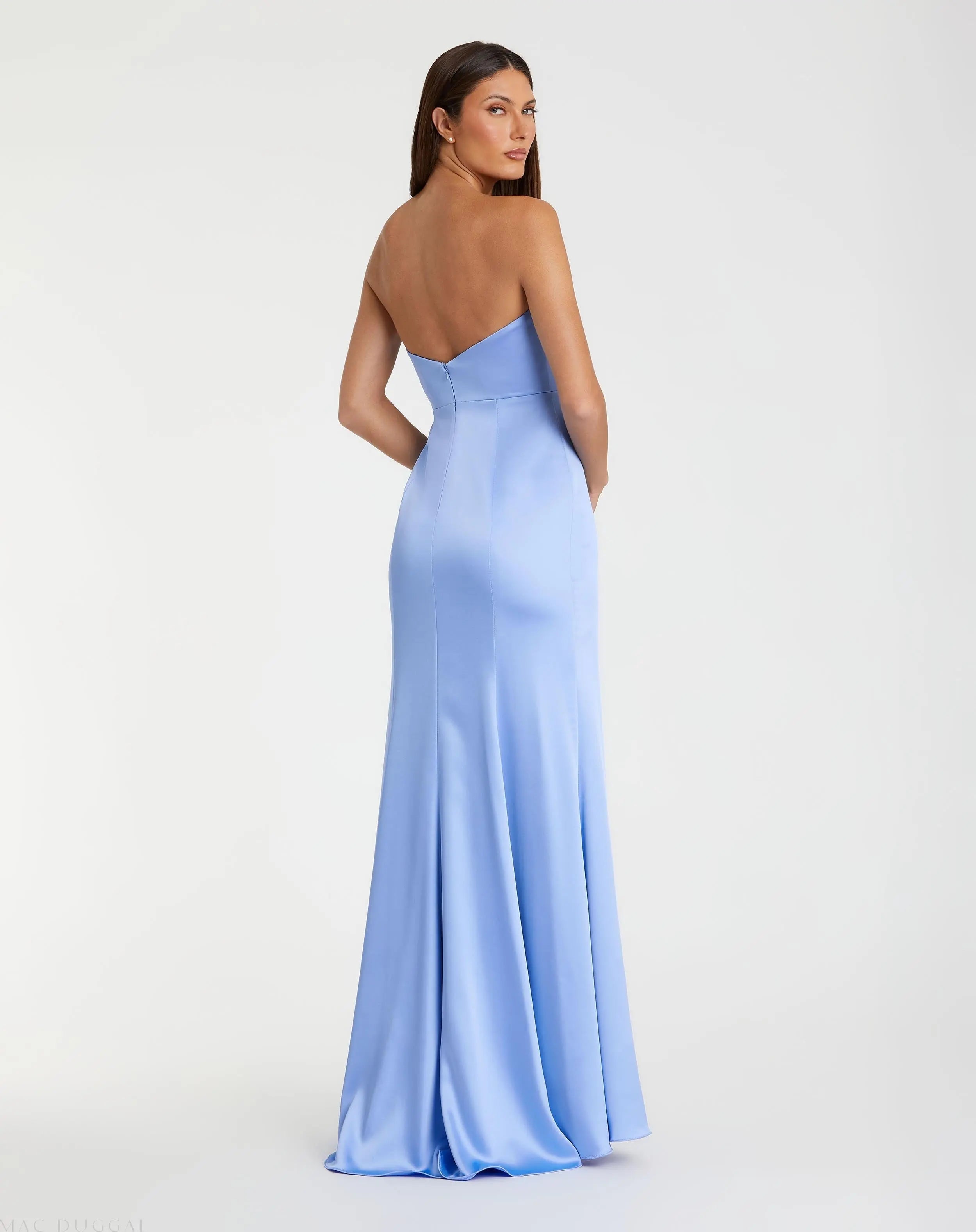 Blue Strapless Satin Column Gown With 3D Flower-Myartka