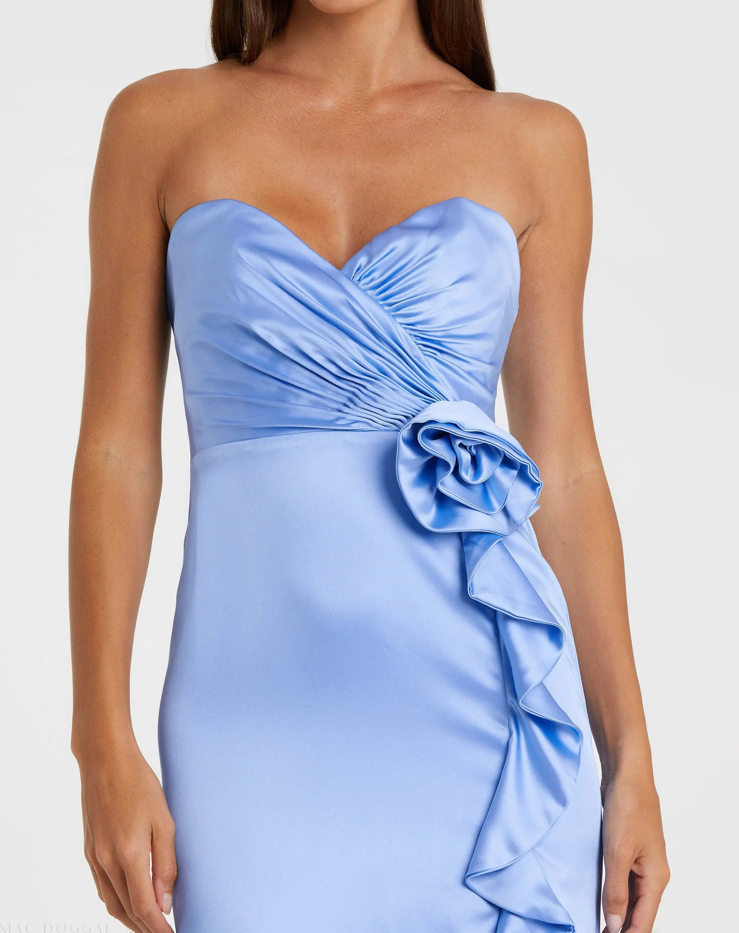 Blue Strapless Satin Column Gown With 3D Flower-Myartka
