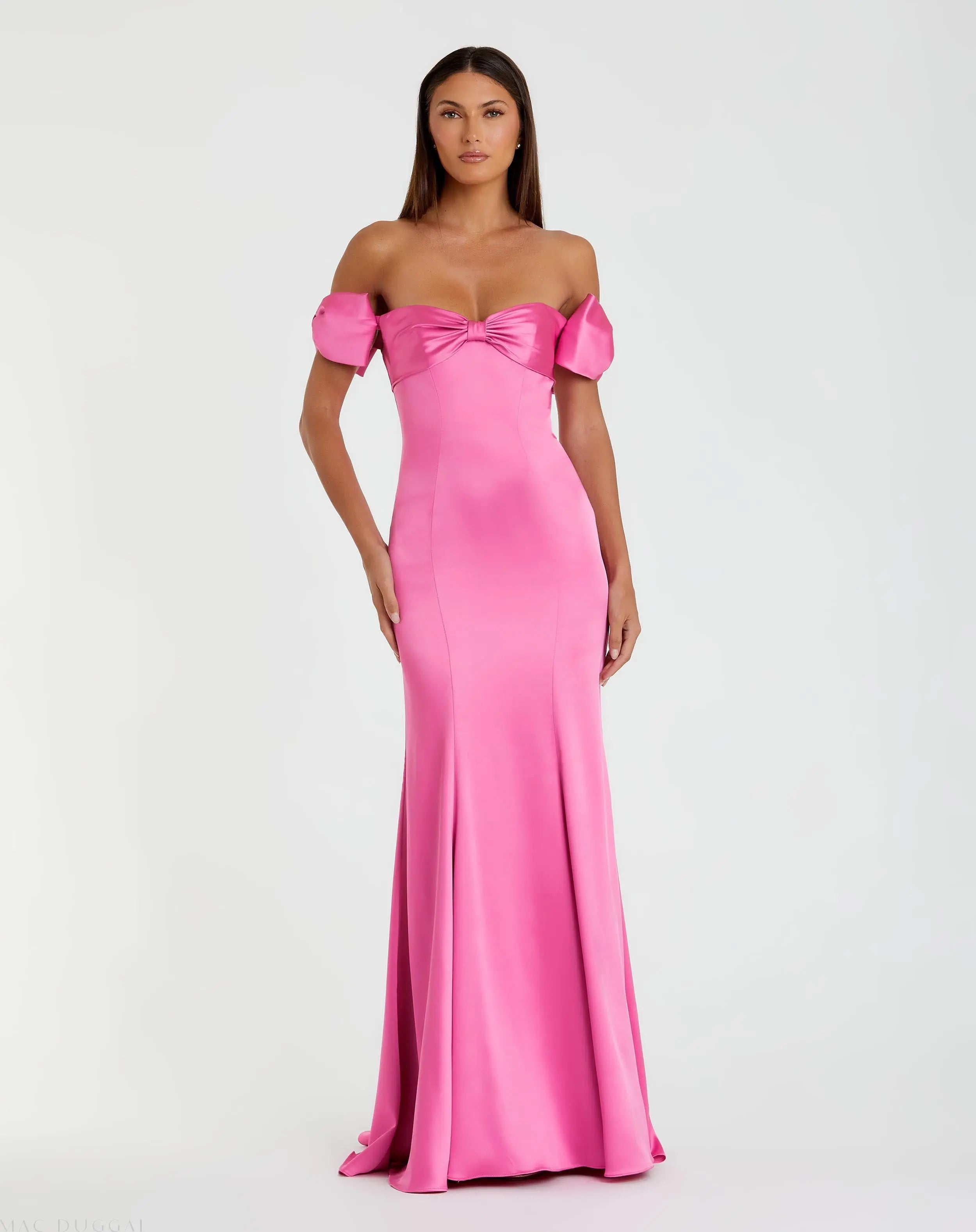 Pink Off-the-Shoulder Satin Trumpet Gown with Bows-Myartka