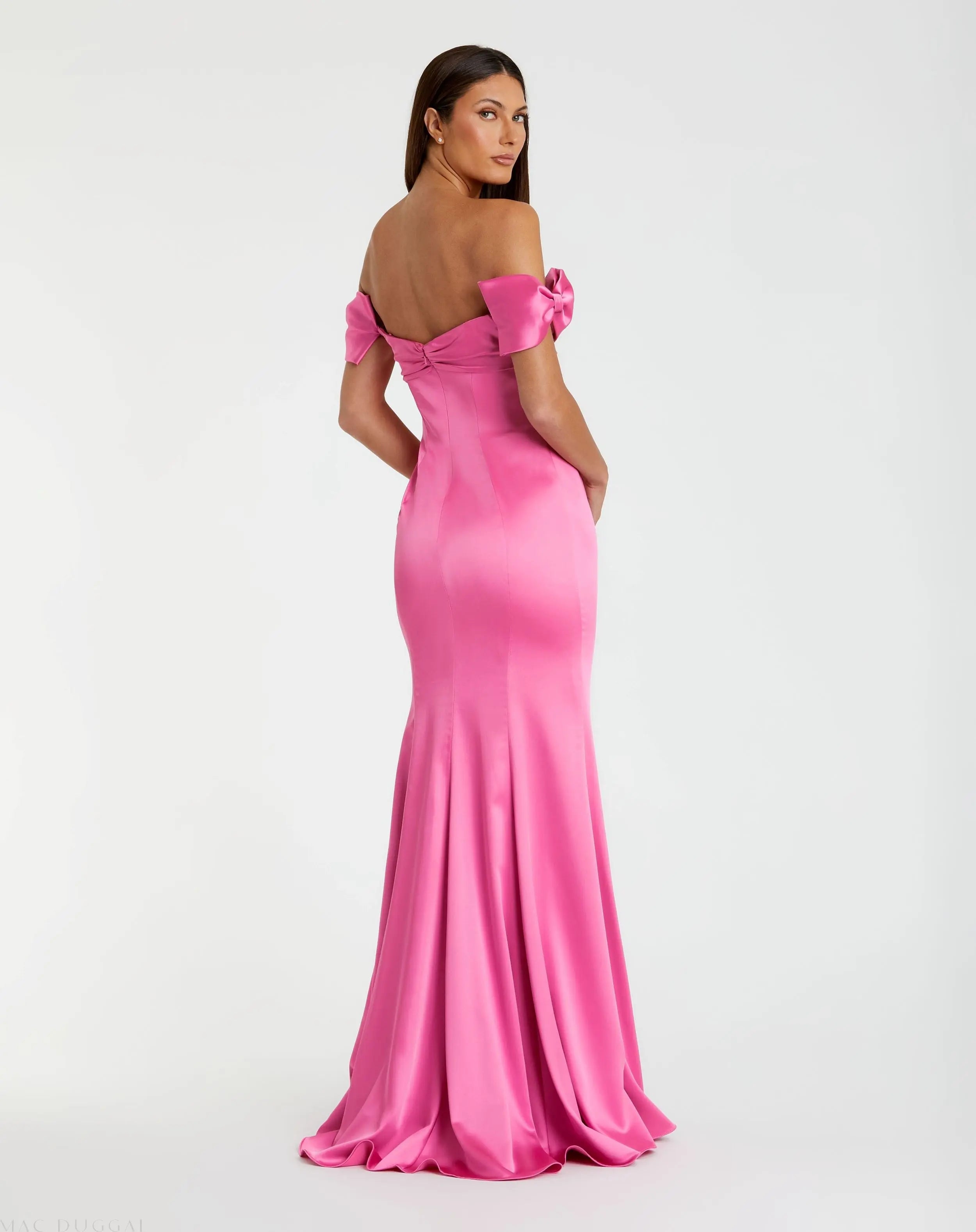 Pink Off-the-Shoulder Satin Trumpet Gown with Bows-Myartka