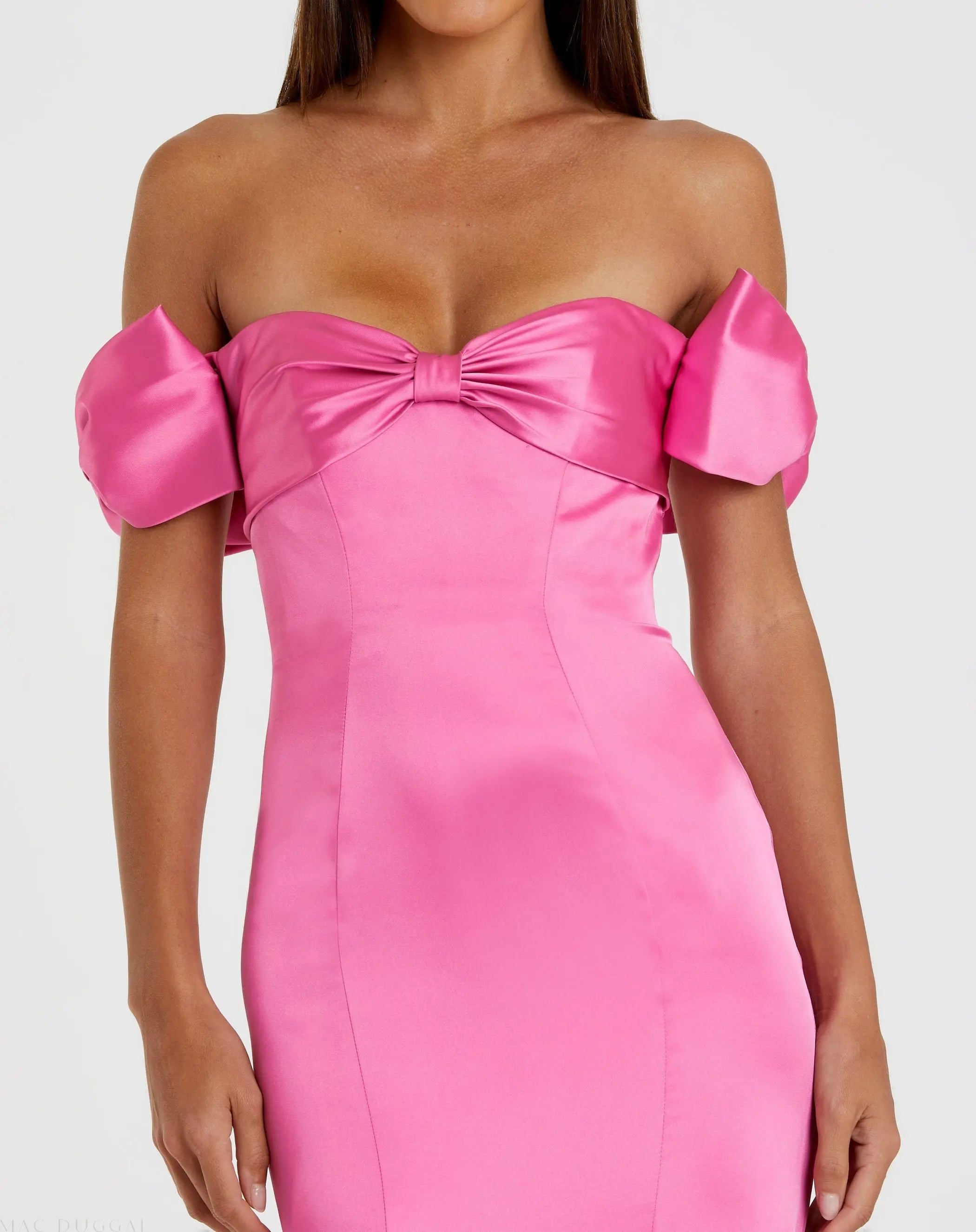 Pink Off-the-Shoulder Satin Trumpet Gown with Bows-Myartka