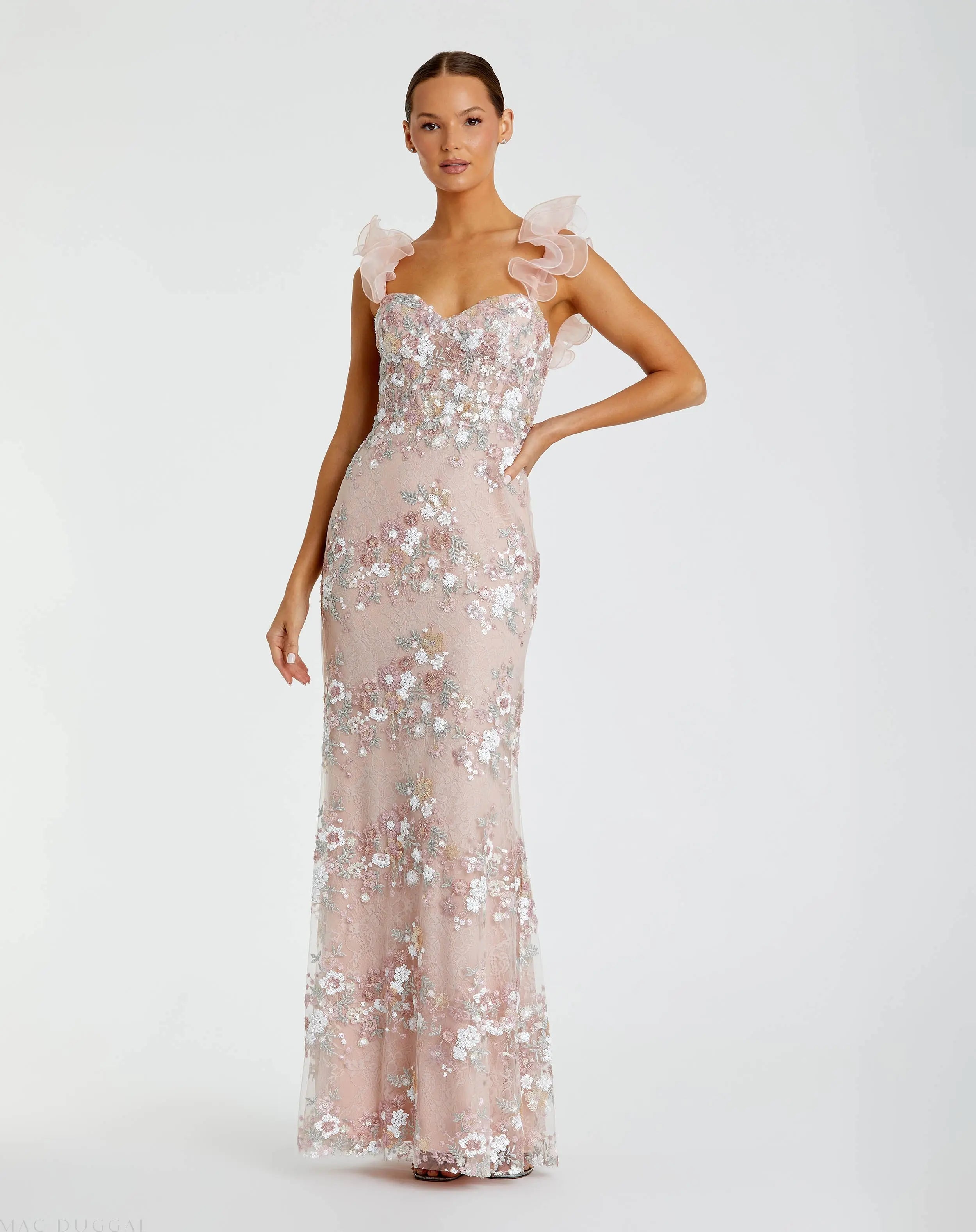 Pink Embroidered Lace Floral Gown with Ruffle Straps-Myartka