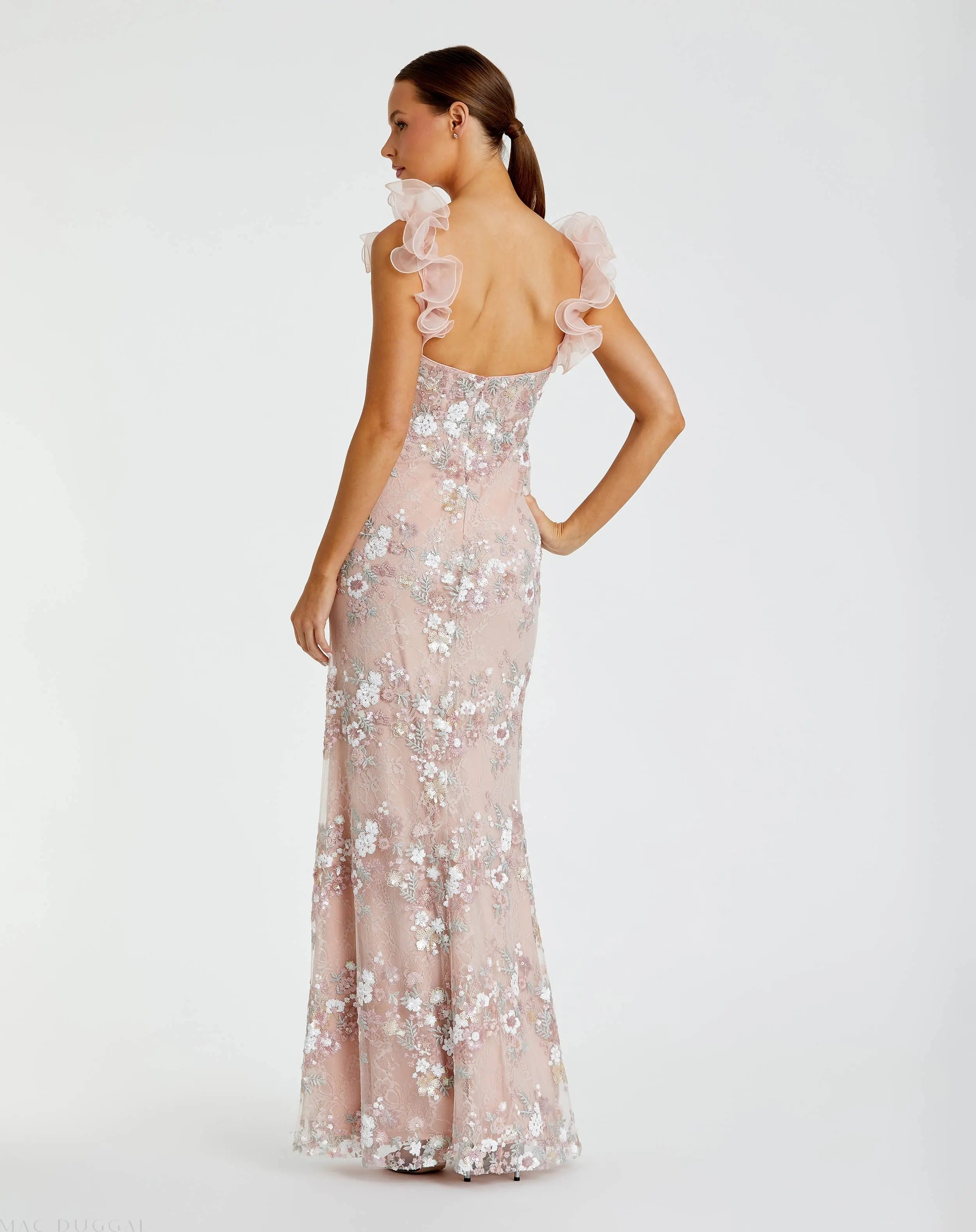 Pink Embroidered Lace Floral Gown with Ruffle Straps-Myartka