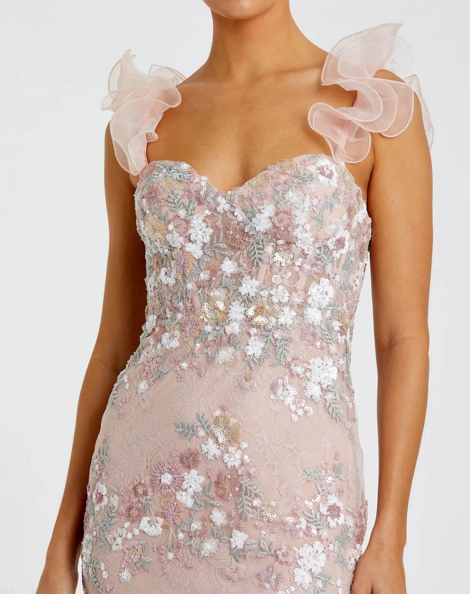 Pink Embroidered Lace Floral Gown with Ruffle Straps-Myartka