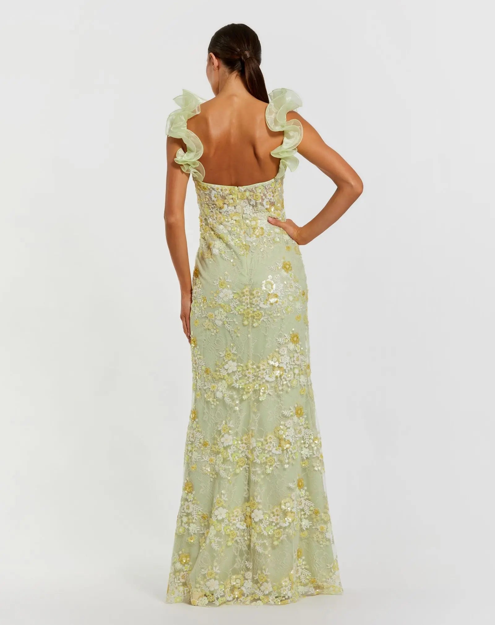 Green Embroidered Lace Floral Gown with Ruffle Straps-Myartka