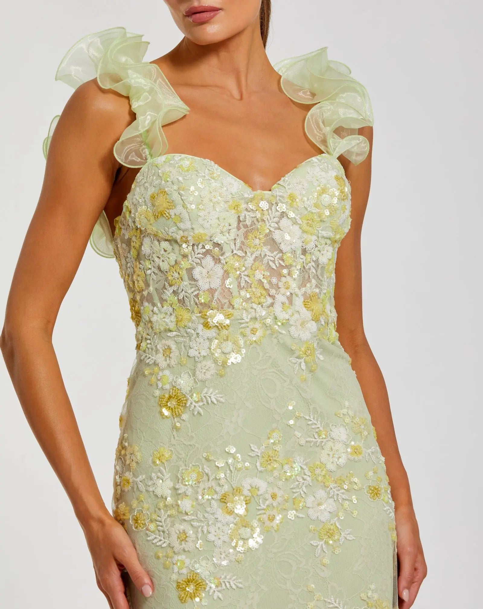 Green Embroidered Lace Floral Gown with Ruffle Straps-Myartka