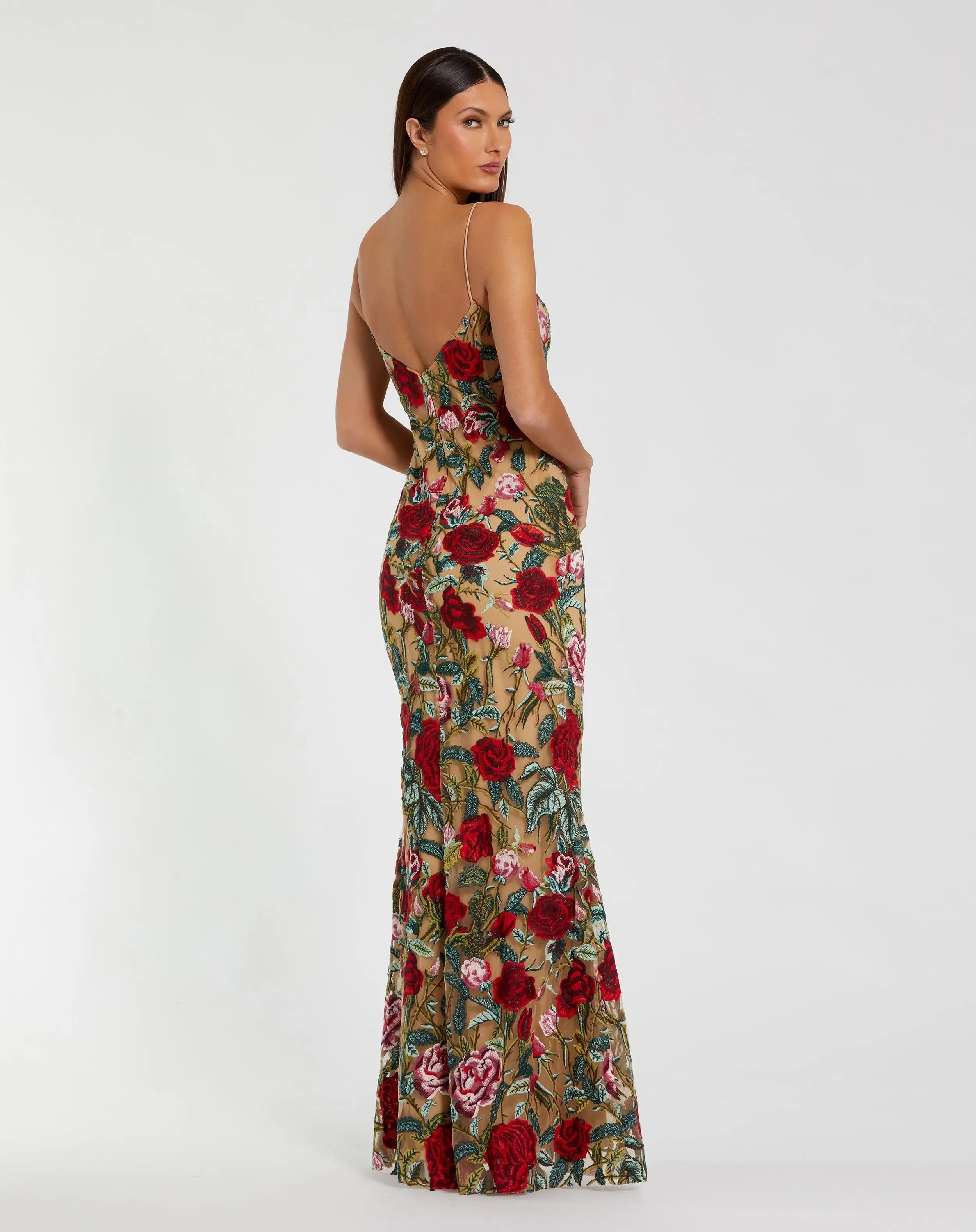 Beige Multicolor Embroidered Spaghetti Strap Floral Gown-Myartka