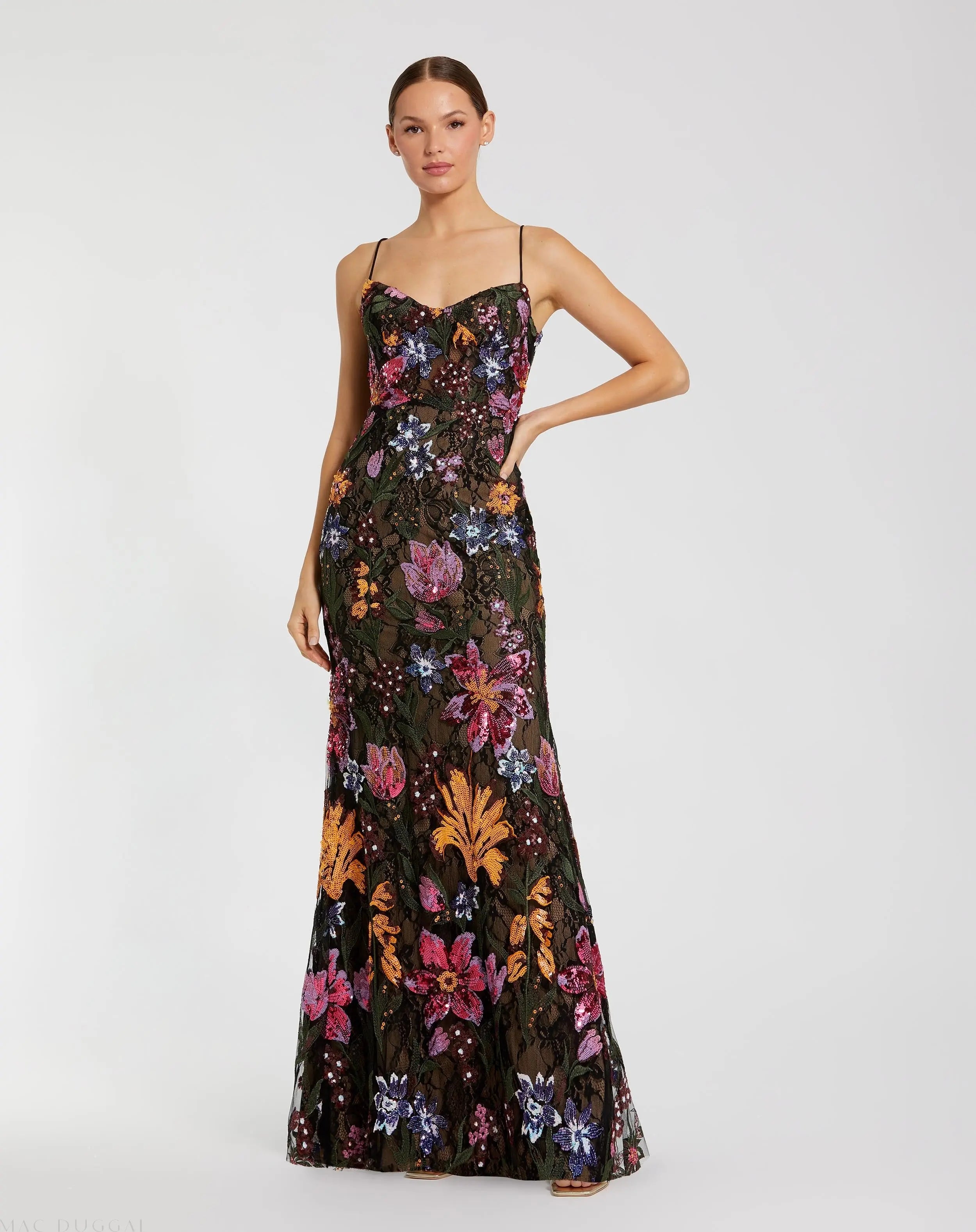 Black Multicolor Floral Embroidered Trumpet Gown-Myartka