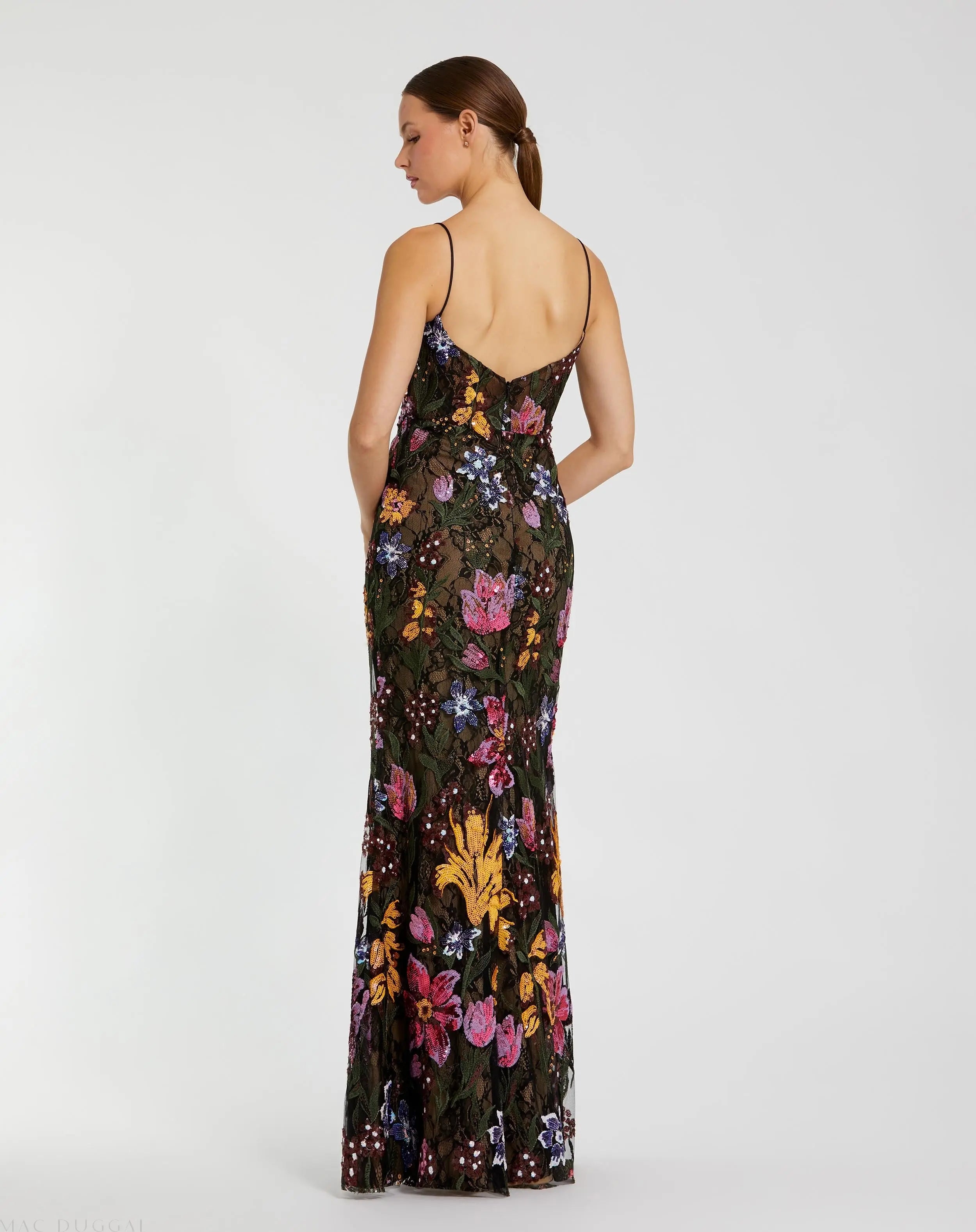 Black Multicolor Floral Embroidered Trumpet Gown-Myartka