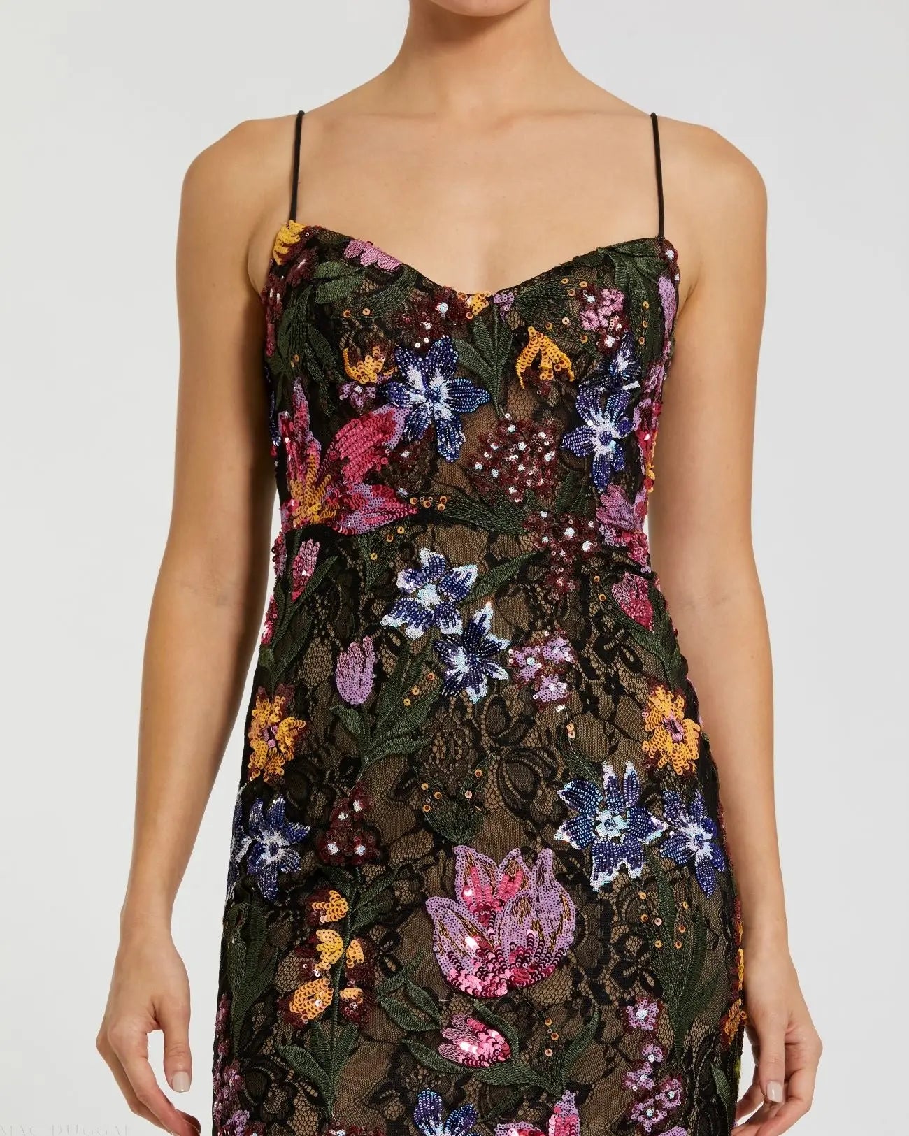 Black Multicolor Floral Embroidered Trumpet Gown-Myartka