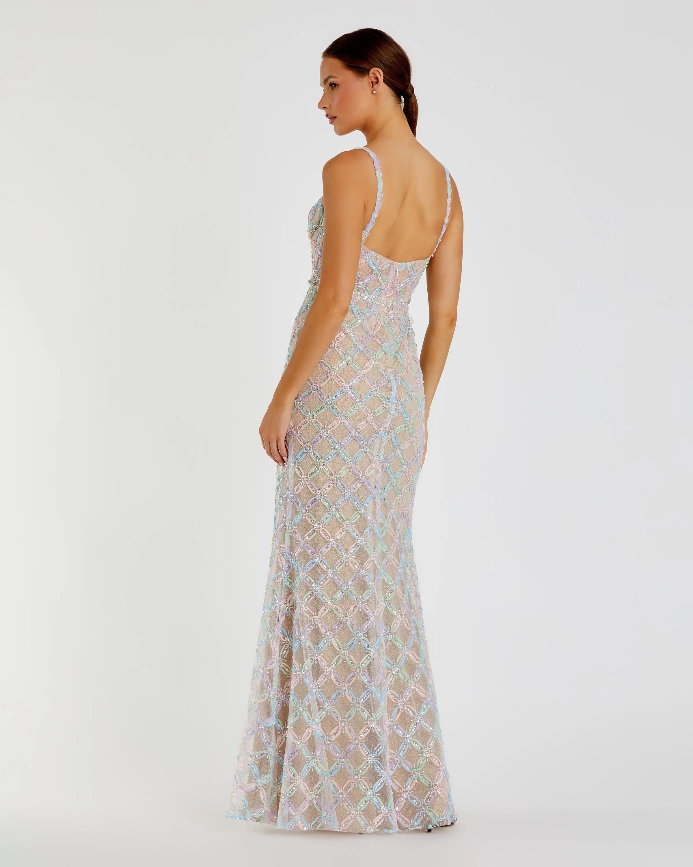 Beige Multicolor Pearl Embellished Bustier Column Gown-Myartka