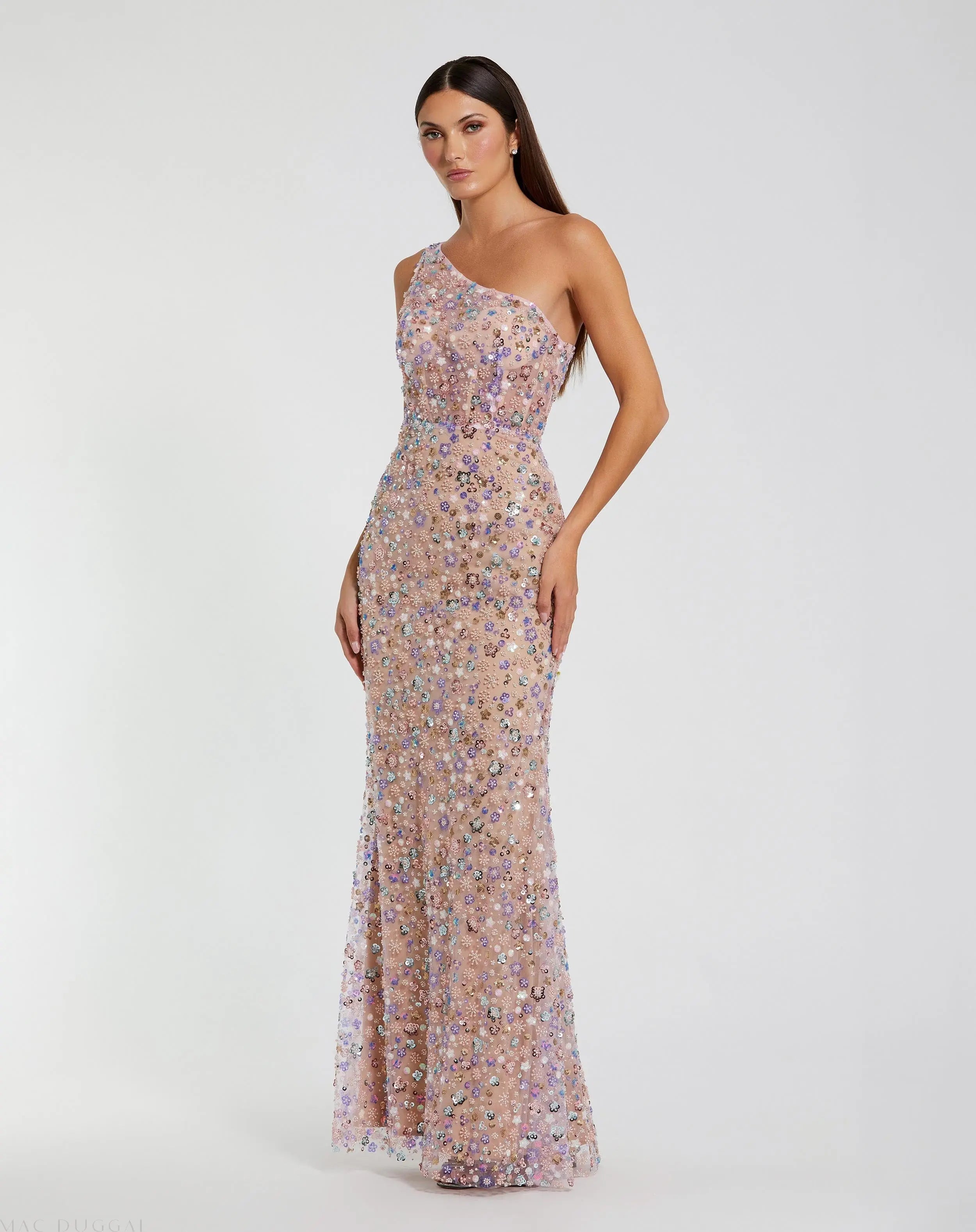 Pink Floral Embellished One Shoulder Column Gown-Myartka