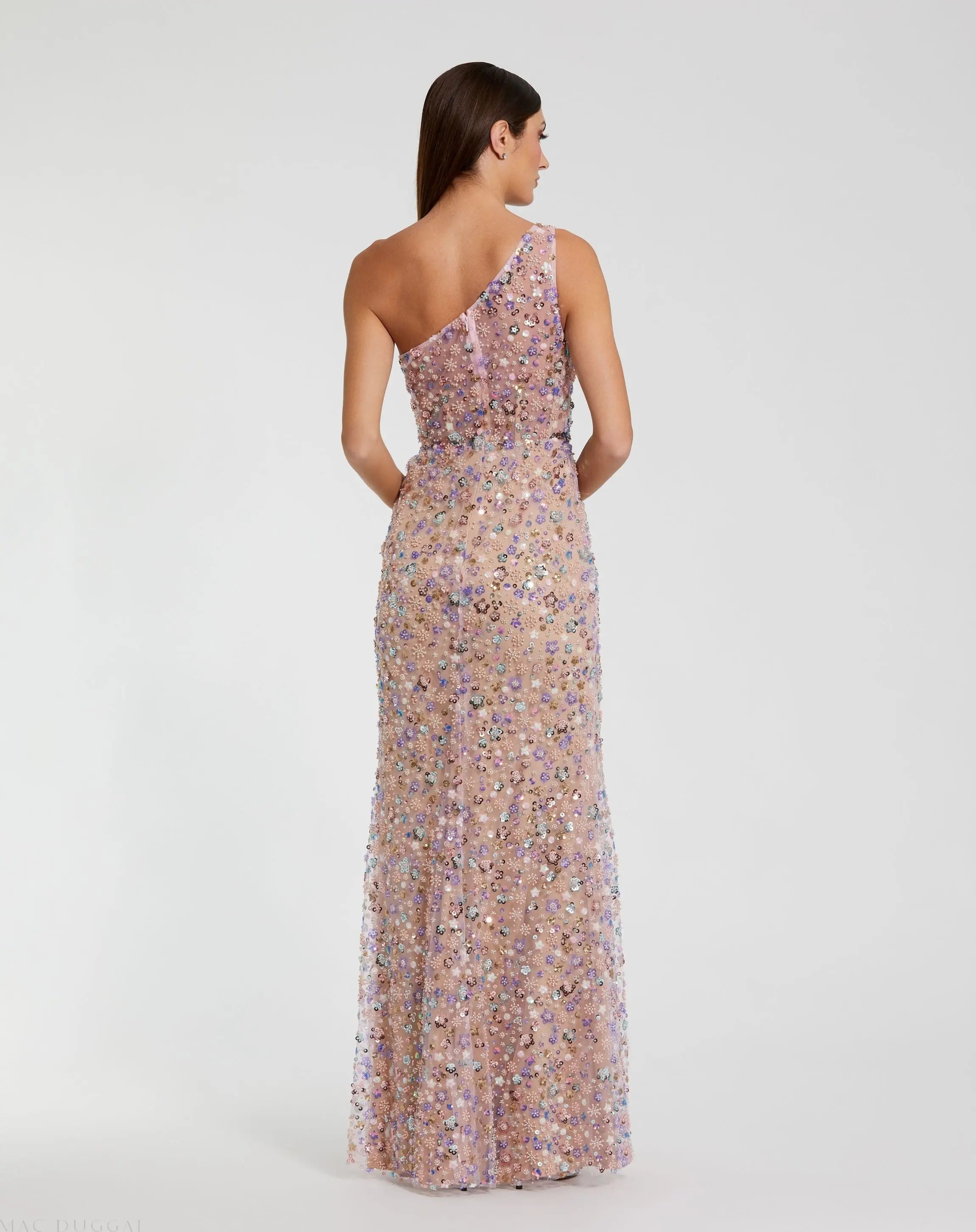 Pink Floral Embellished One Shoulder Column Gown-Myartka