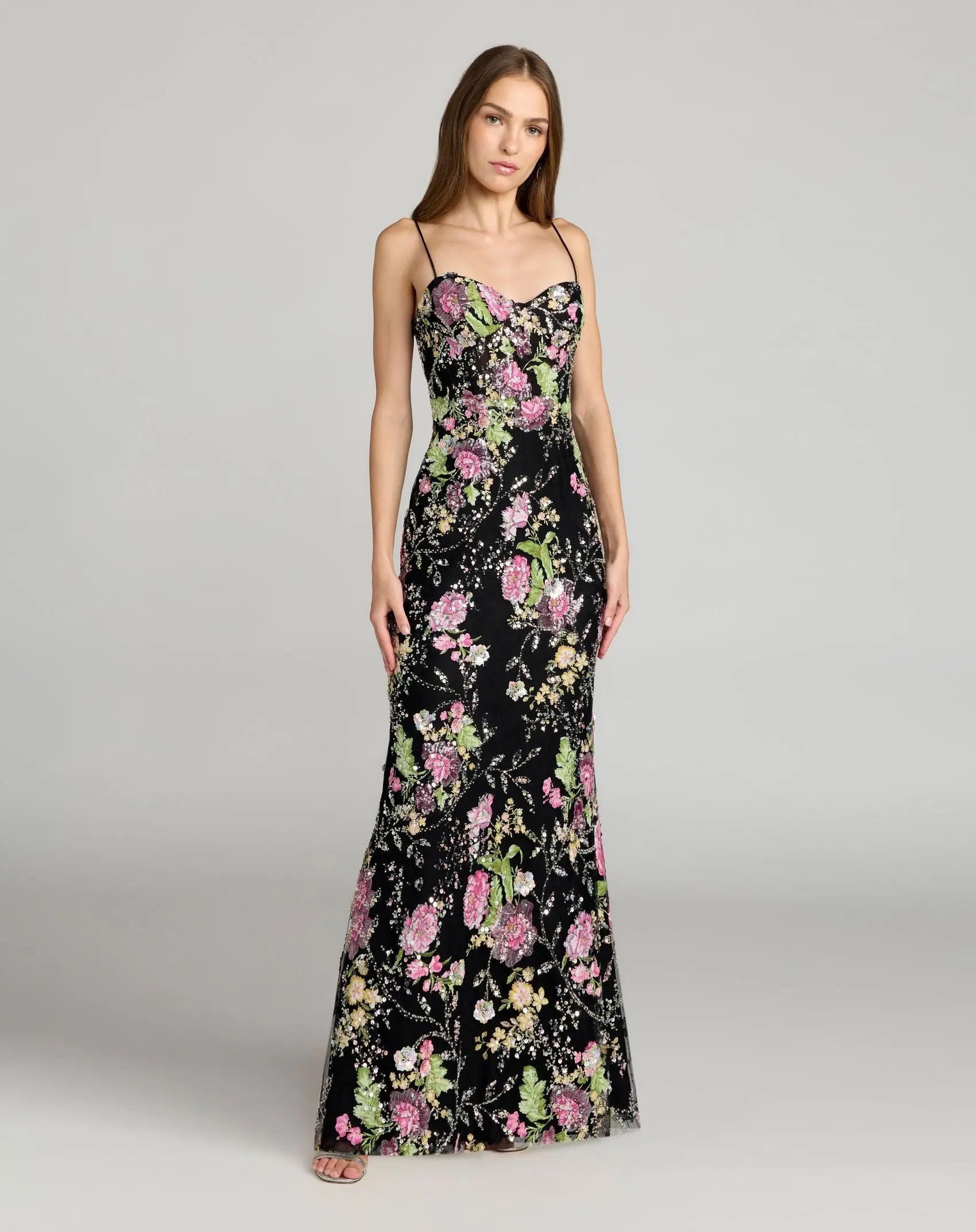Black Embellished Bustier Floral Trumpet Gown-Myartka