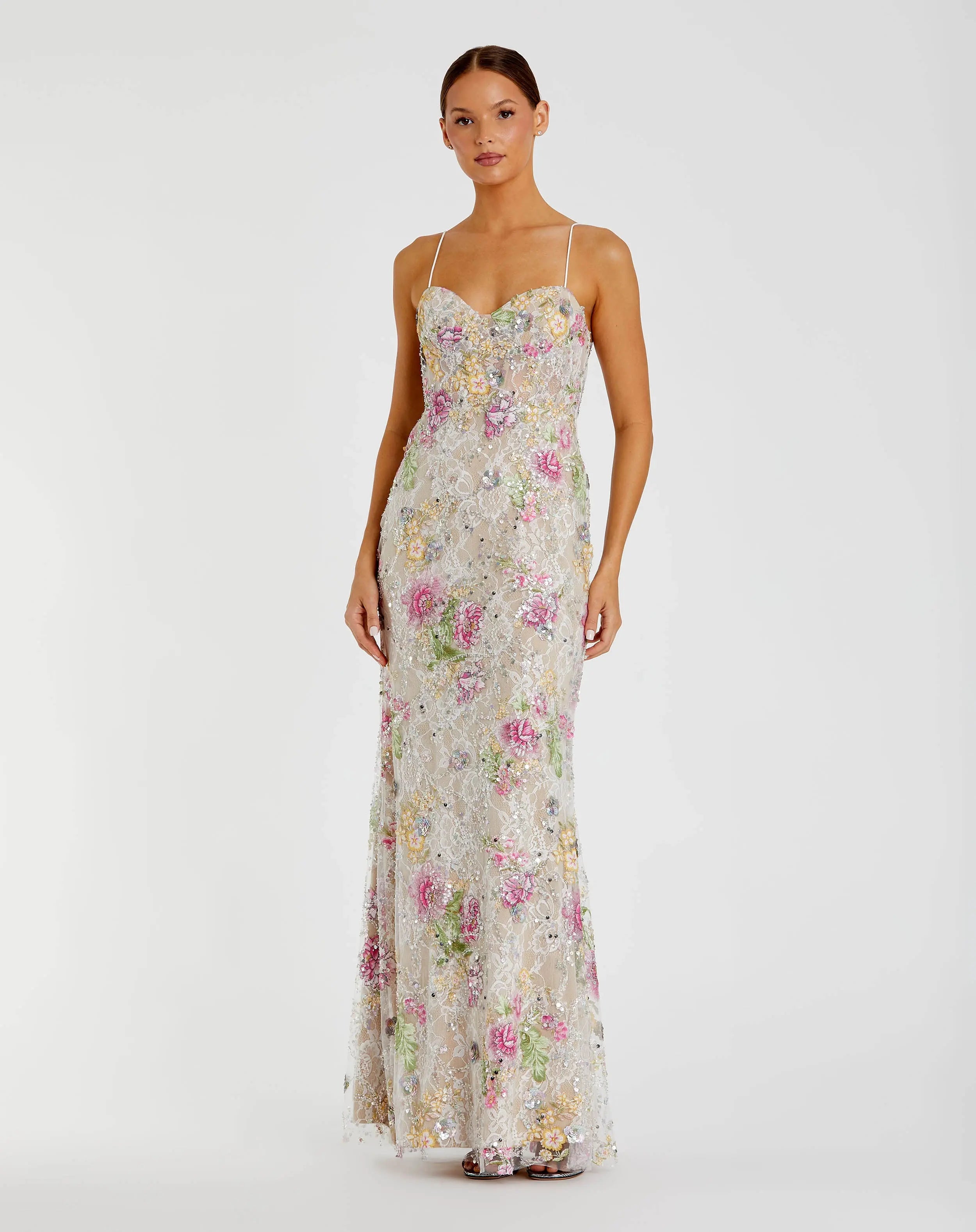 Ivory Embellished Bustier Floral Trumpet Gown-Myartka