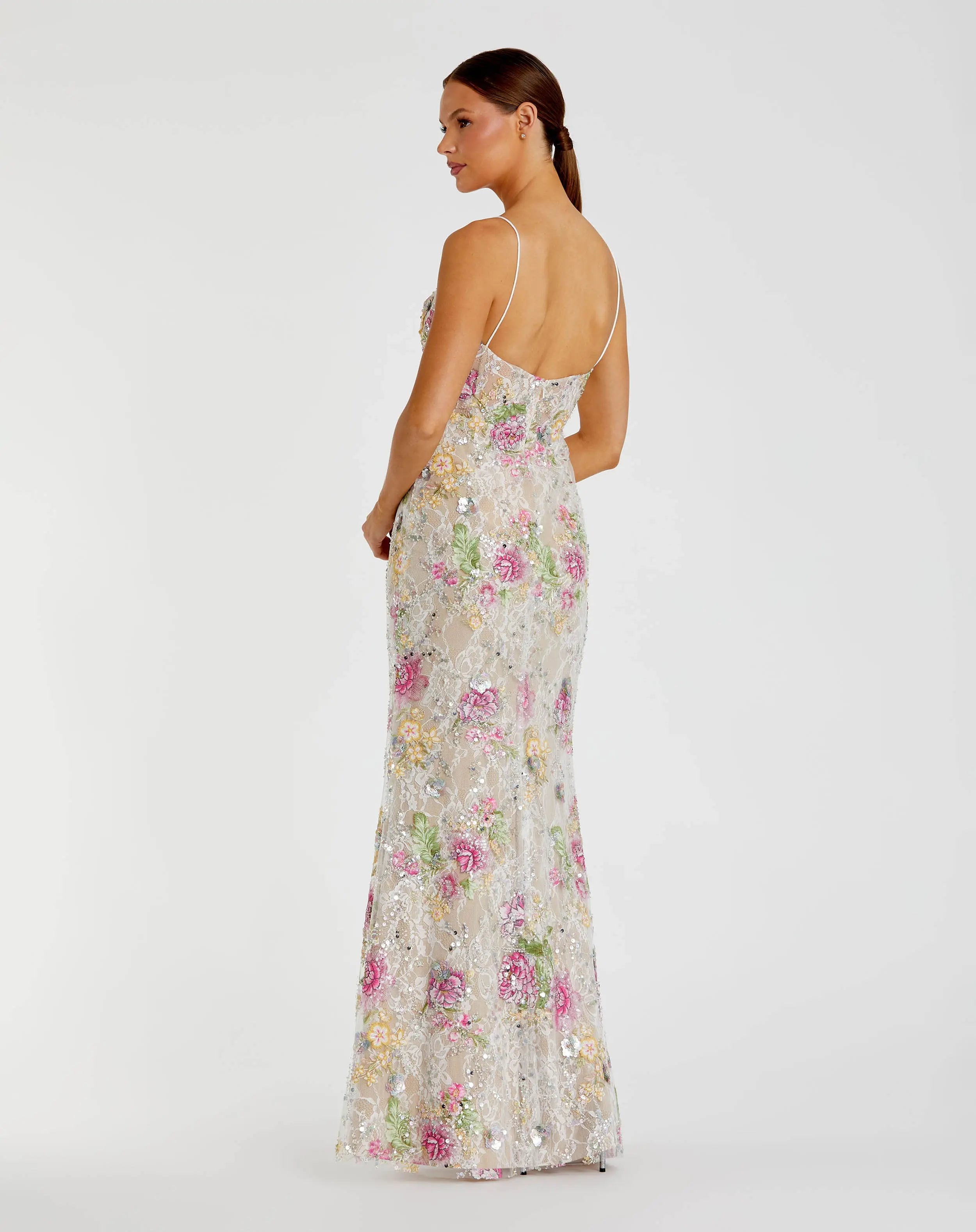 Ivory Embellished Bustier Floral Trumpet Gown-Myartka