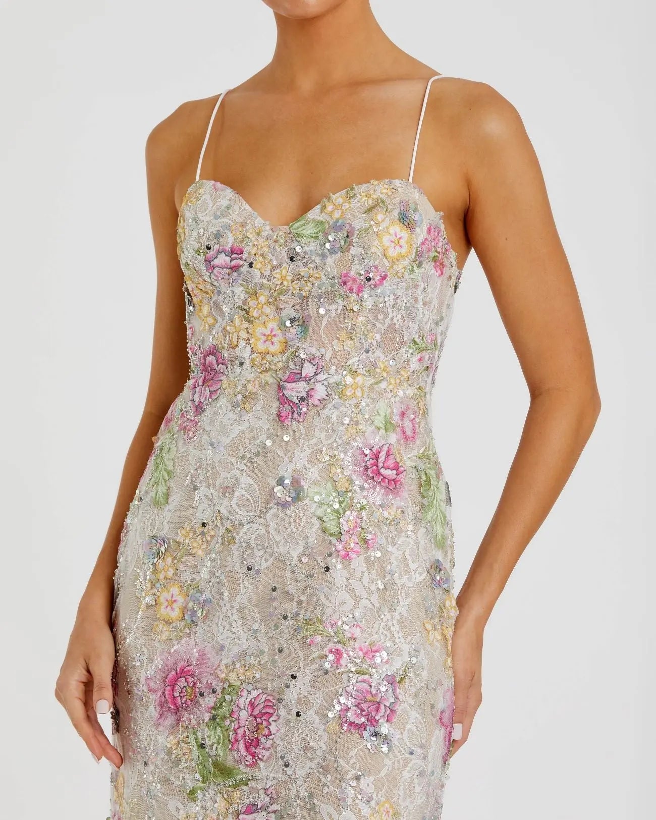 Ivory Embellished Bustier Floral Trumpet Gown-Myartka