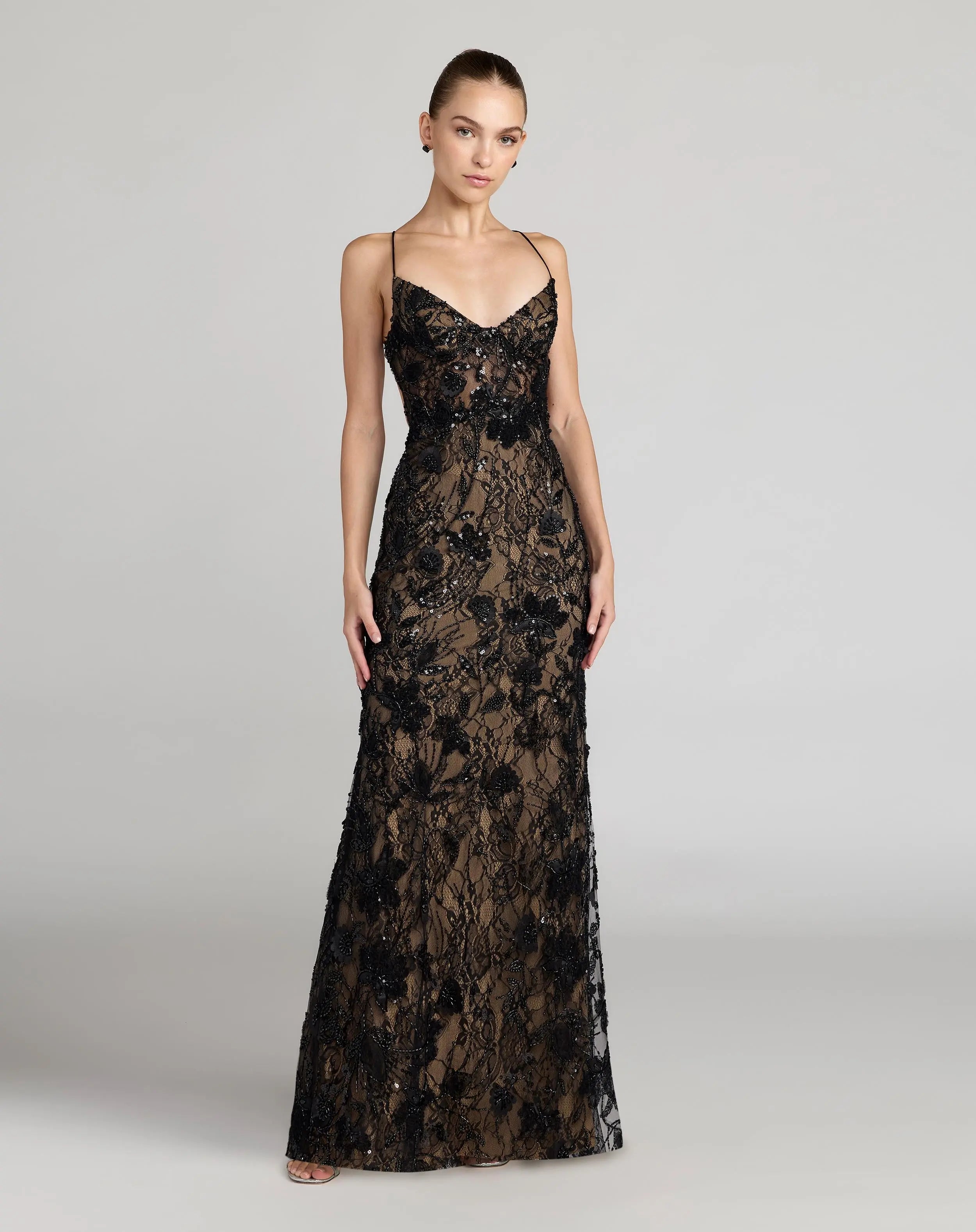 Black Sleeveless Embellished Open Back Column Gown-Myartka