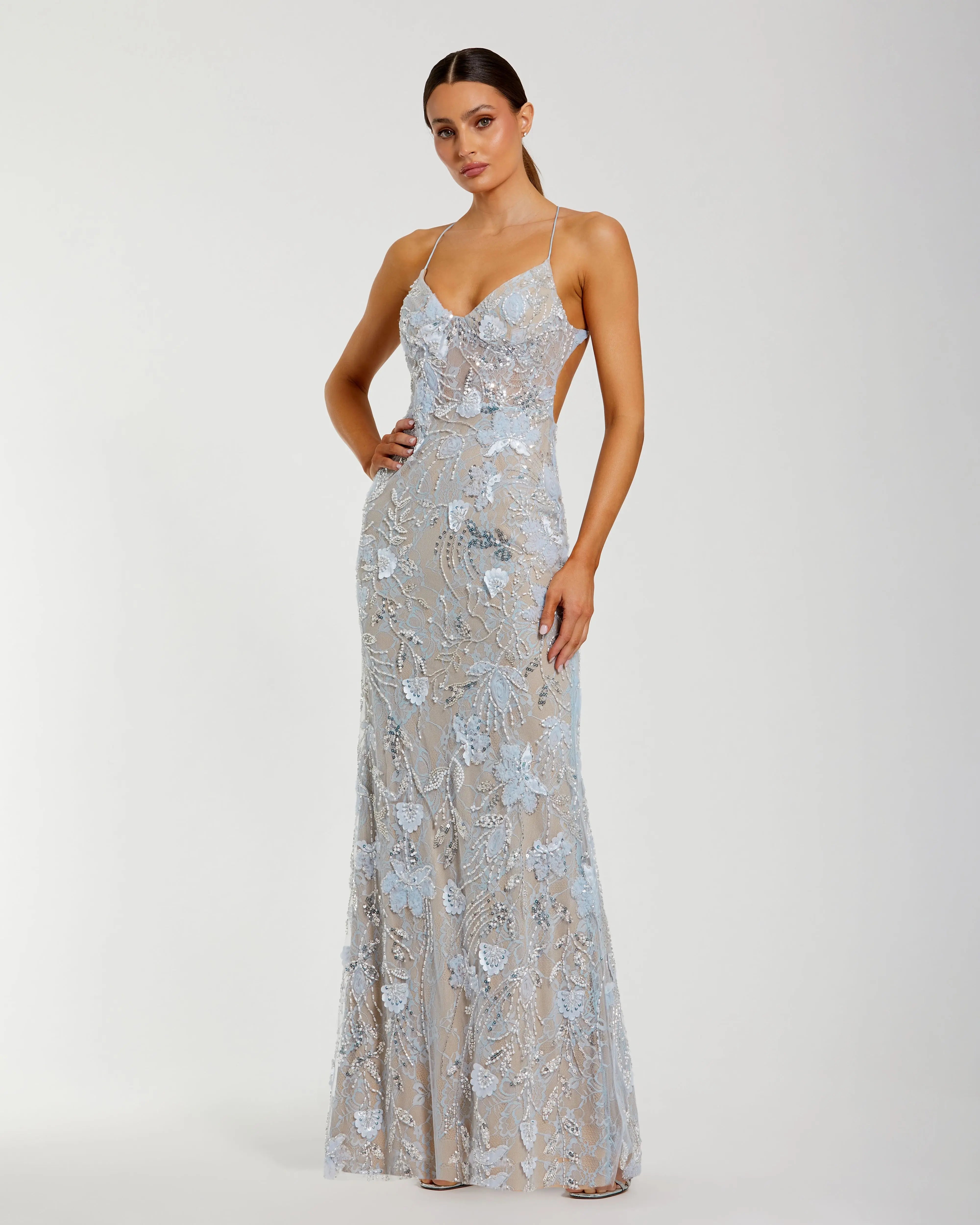 Blue Embroidered Sleeveless Backless Column Gown-Myartka