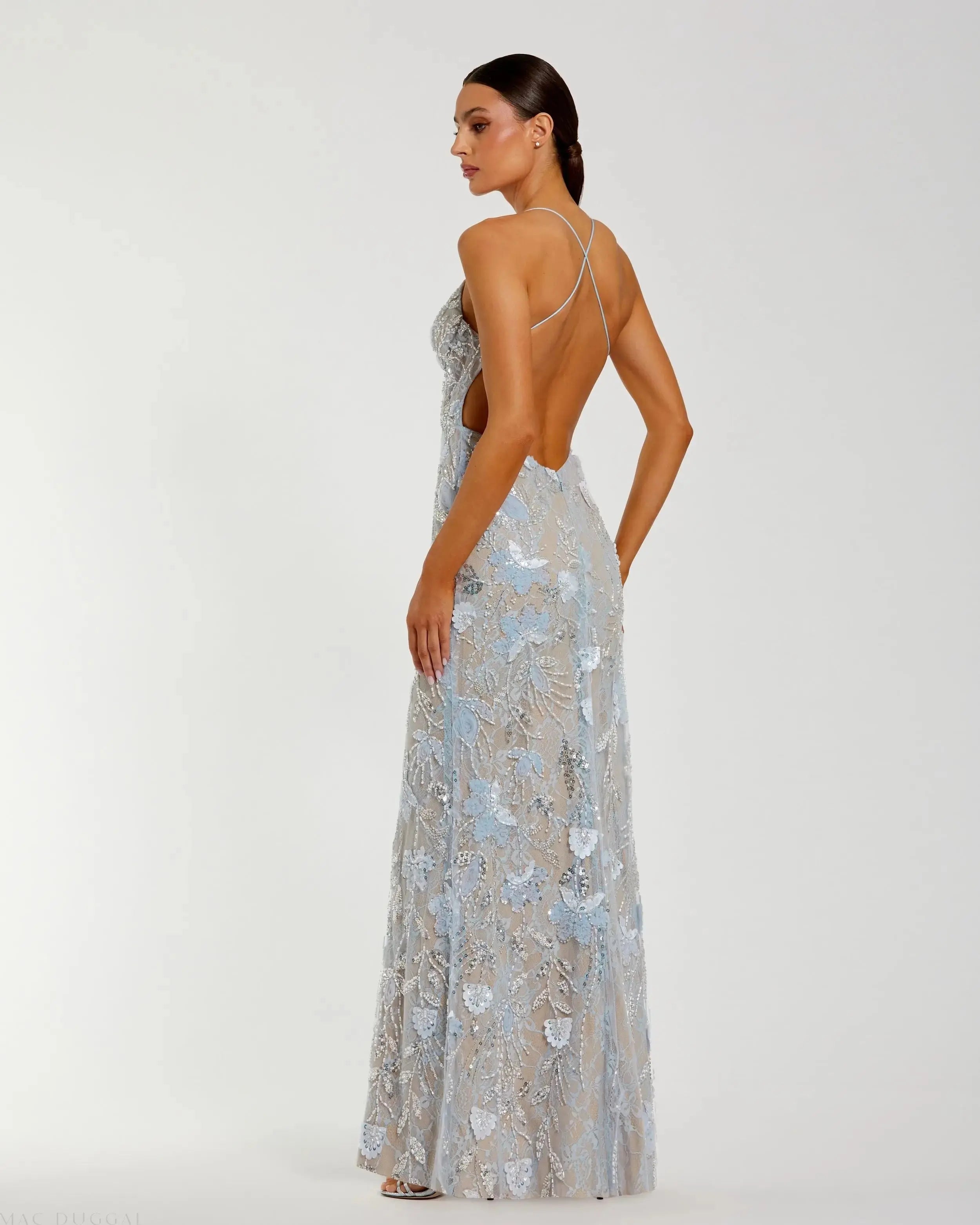 Blue Embroidered Sleeveless Backless Column Gown-Myartka