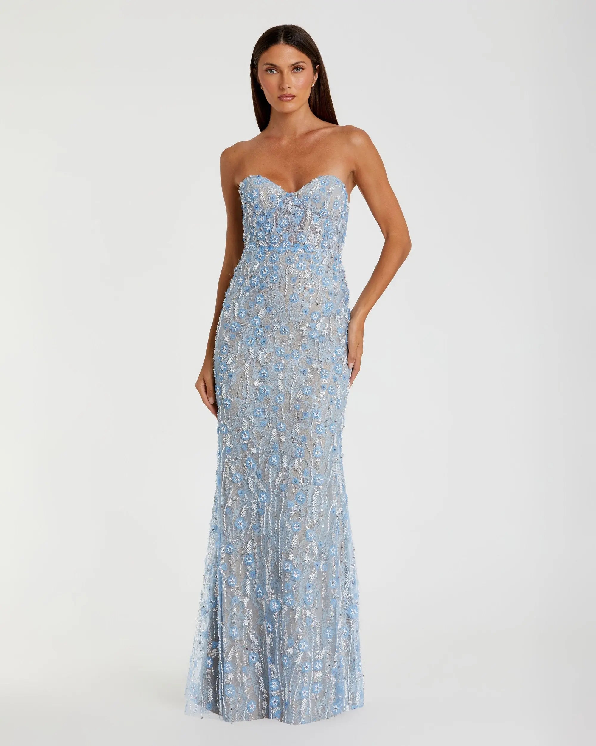 Blue Embellished Lace Strapless Bustier Gown-Myartka