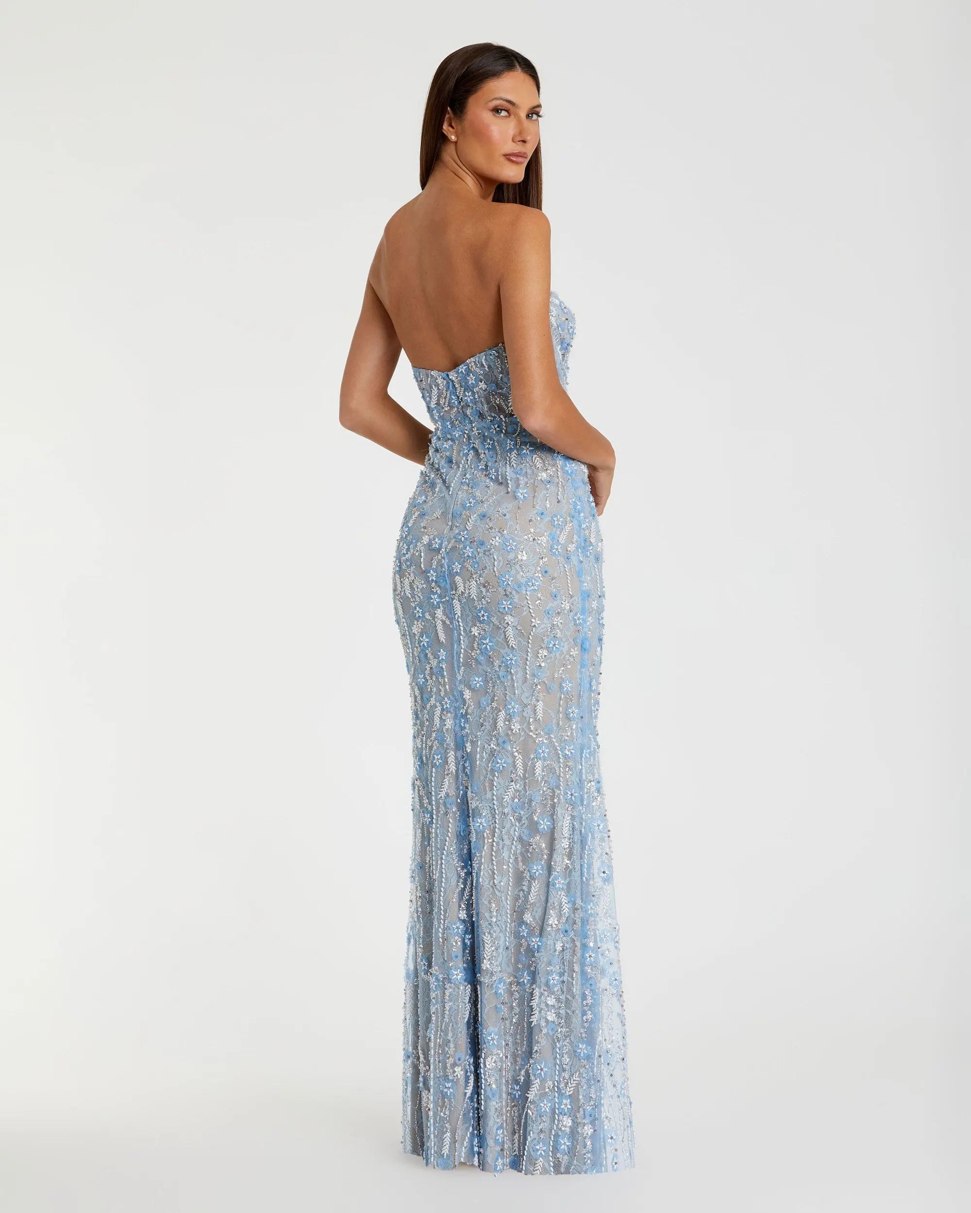 Blue Embellished Lace Strapless Bustier Gown-Myartka