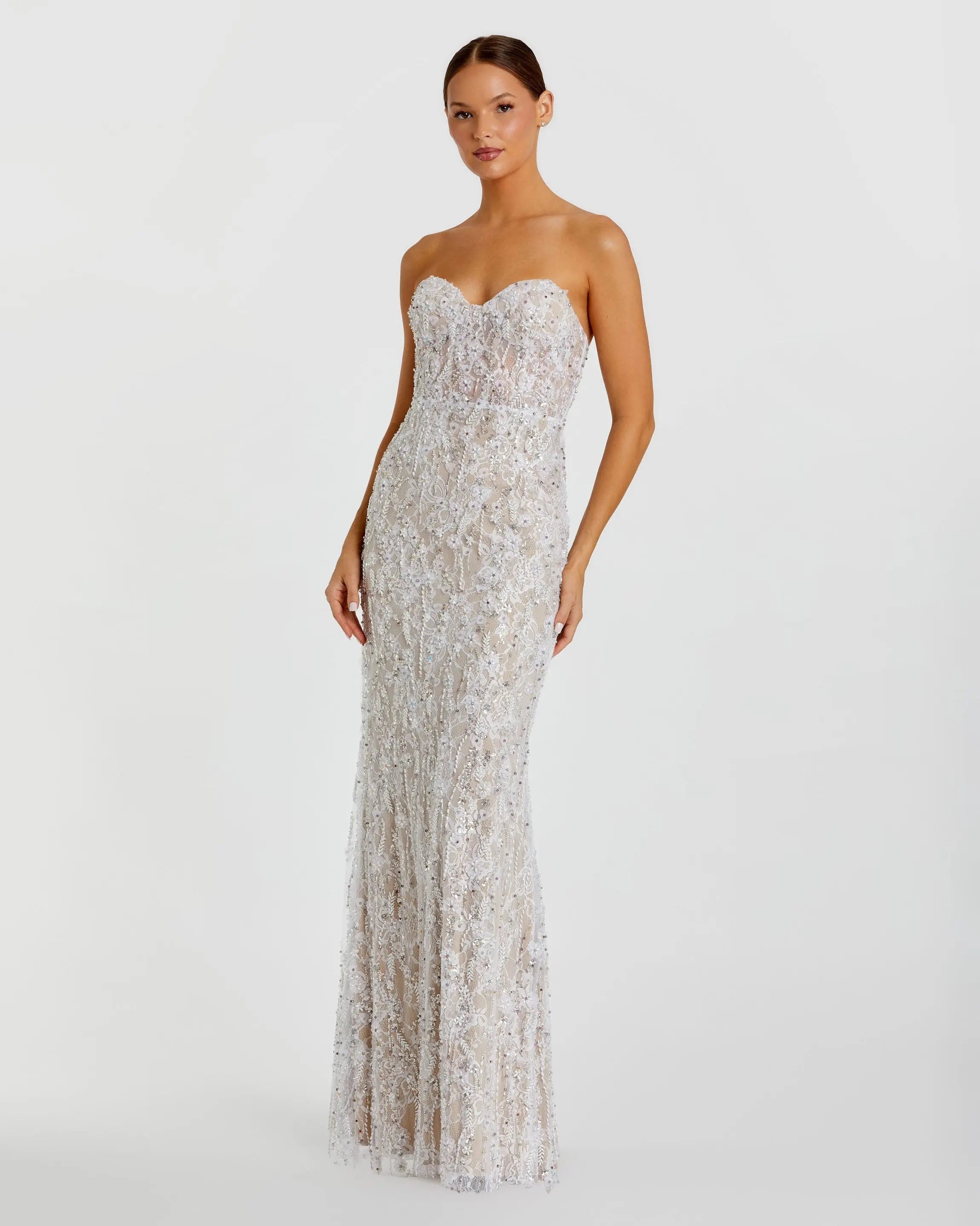 Ivory Embellished Lace Strapless Bustier Gown-Myartka