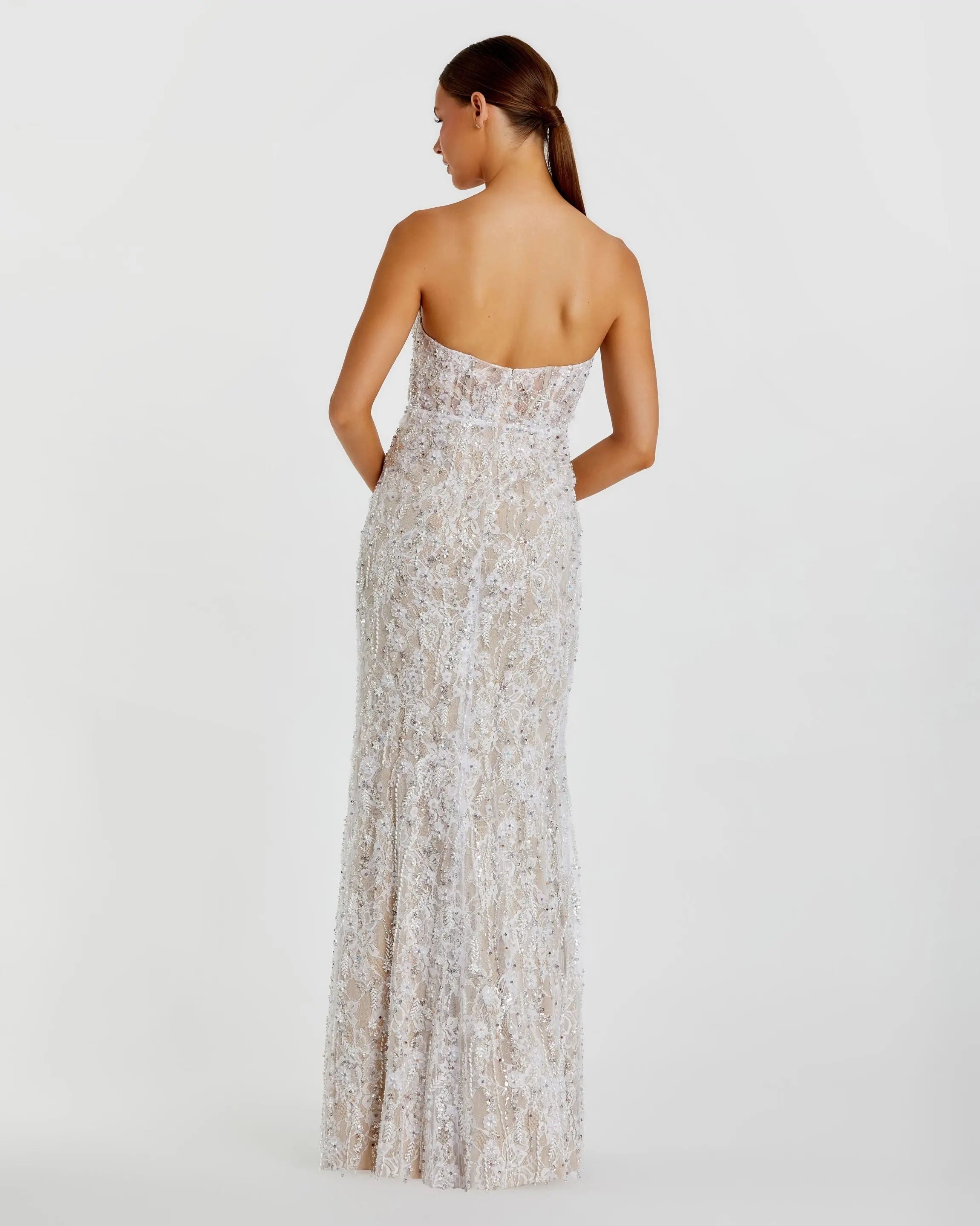 Ivory Embellished Lace Strapless Bustier Gown-Myartka
