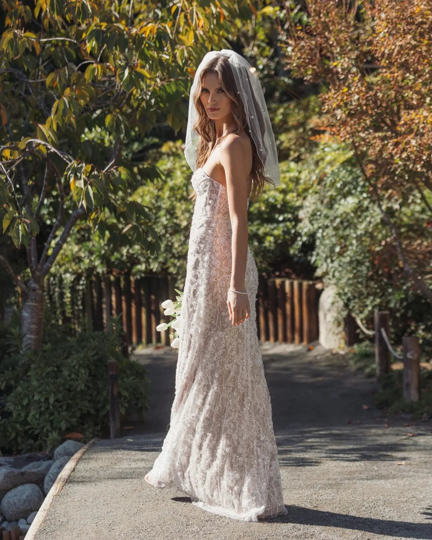 Ivory Embellished Lace Strapless Bustier Gown-Myartka