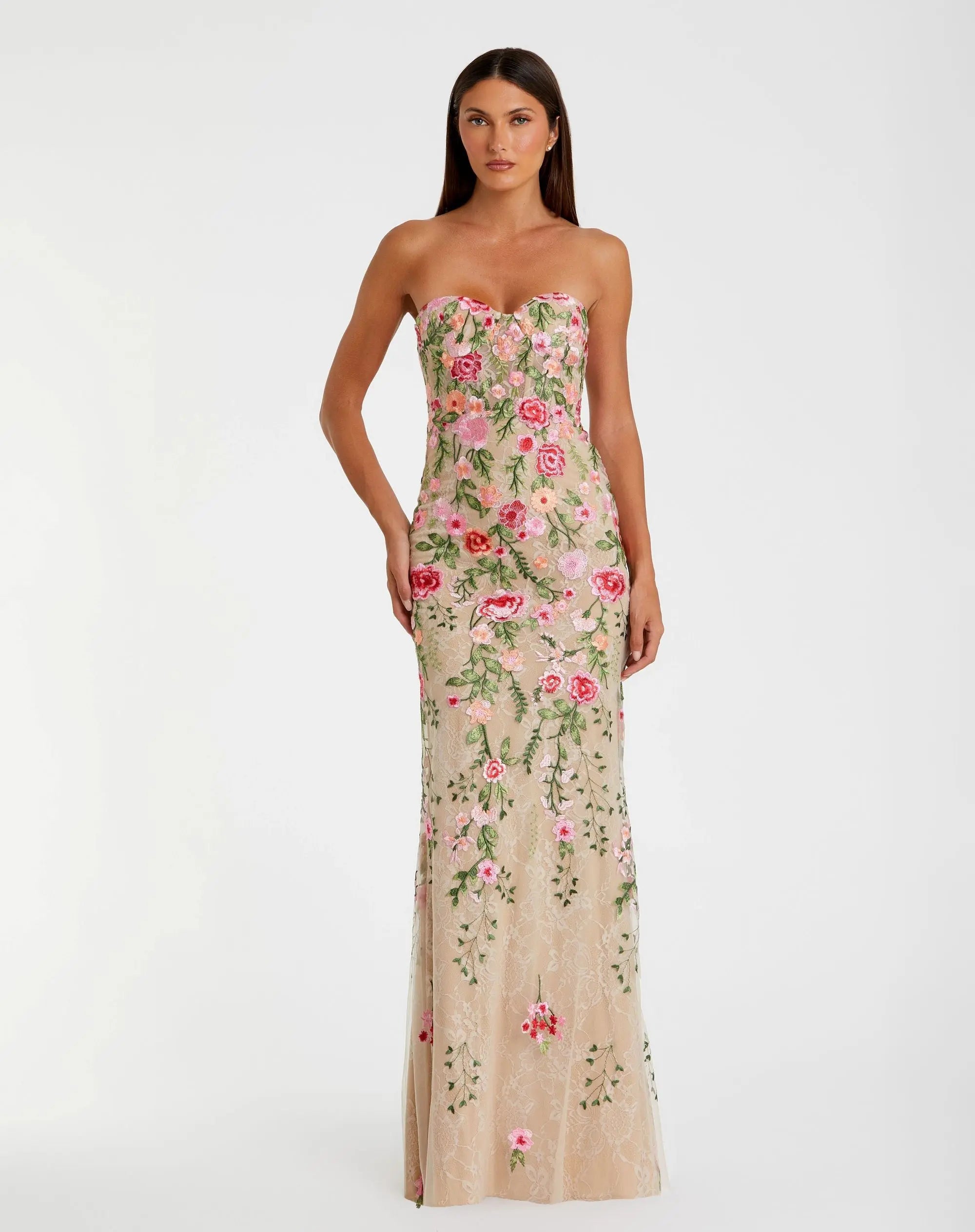 Beige Floral Embroidered Strapless Bustier Gown-Myartka