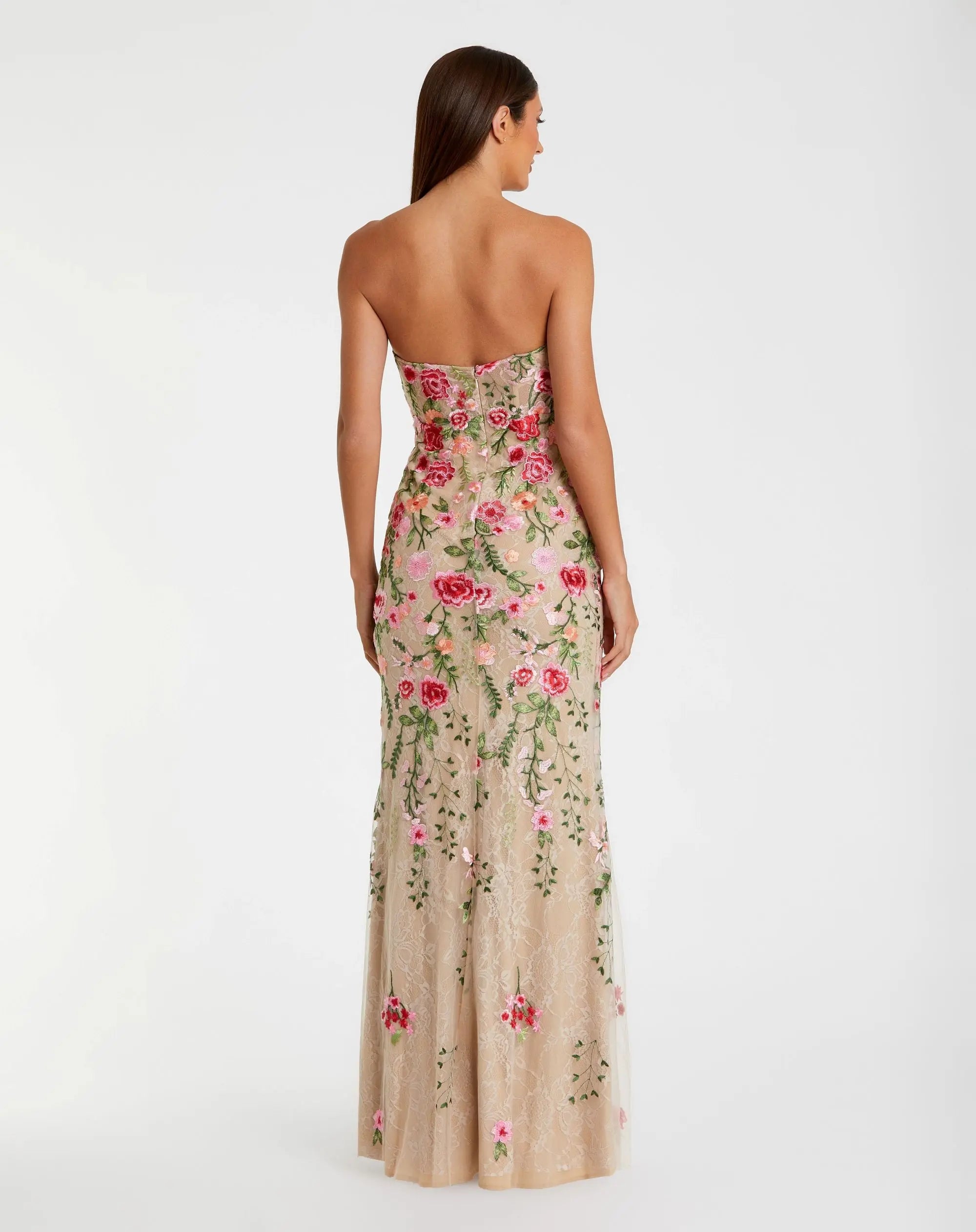 Beige Floral Embroidered Strapless Bustier Gown-Myartka