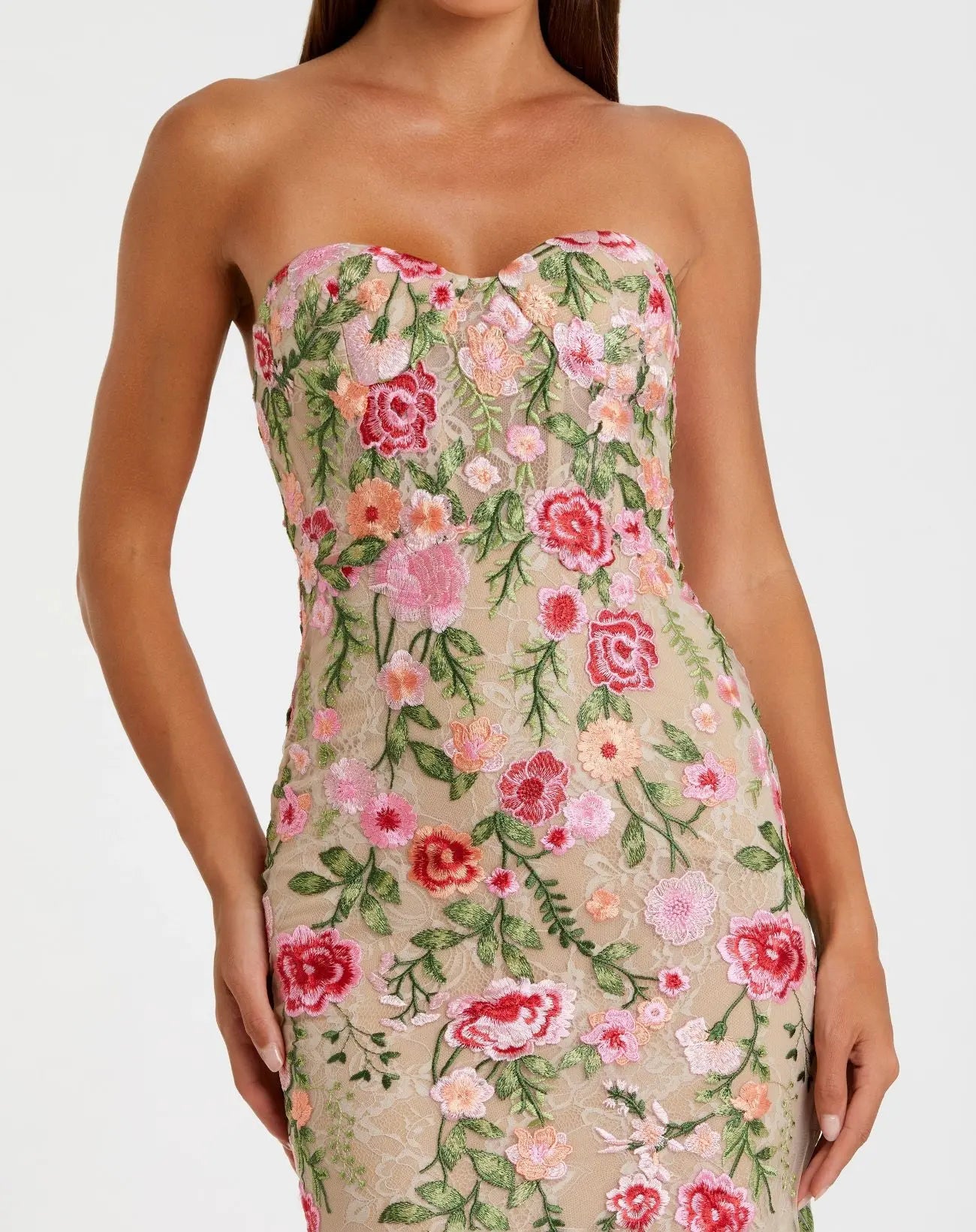 Beige Floral Embroidered Strapless Bustier Gown-Myartka