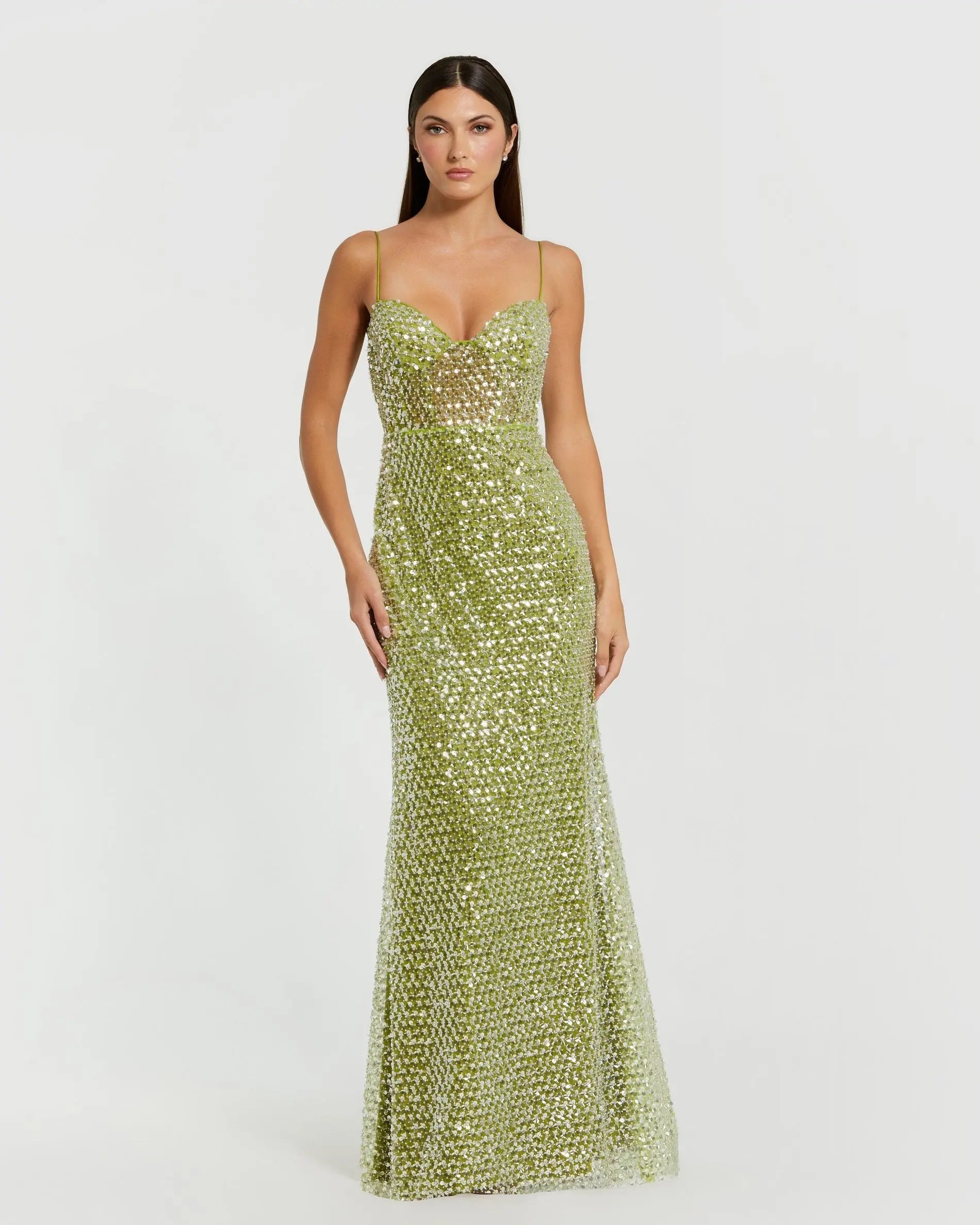Green Embellished Bustier Column Gown-Myartka