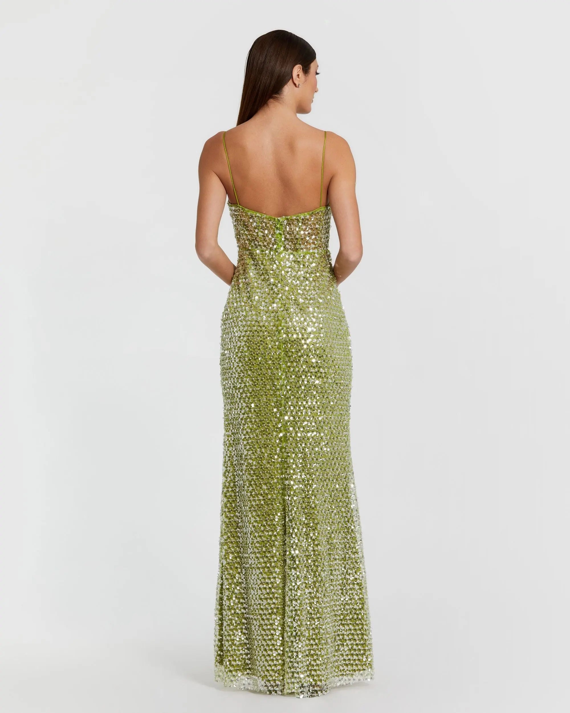 Green Embellished Bustier Column Gown-Myartka