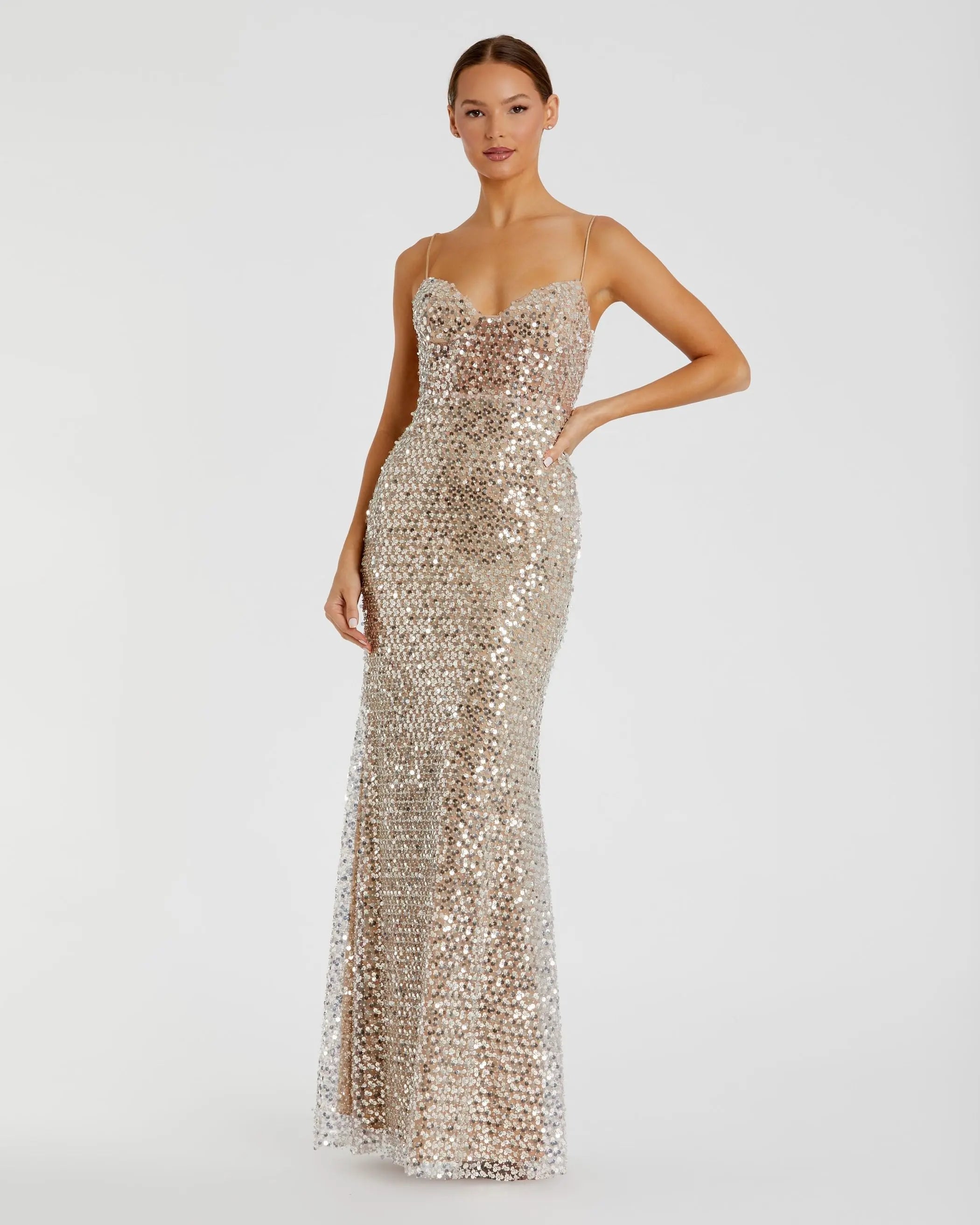 Silver Embellished Bustier Column Gown-Myartka