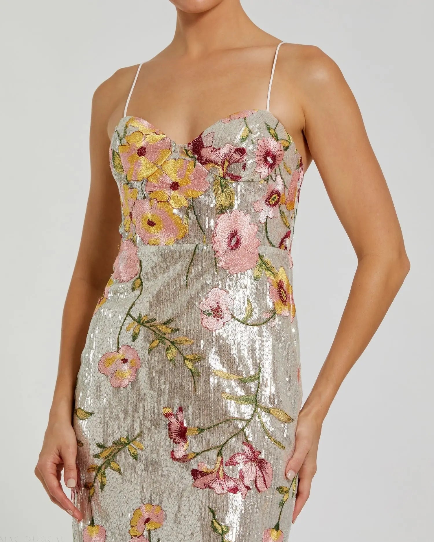 Silver Sleeveless Bustier Floral Applique Gown-Myartka